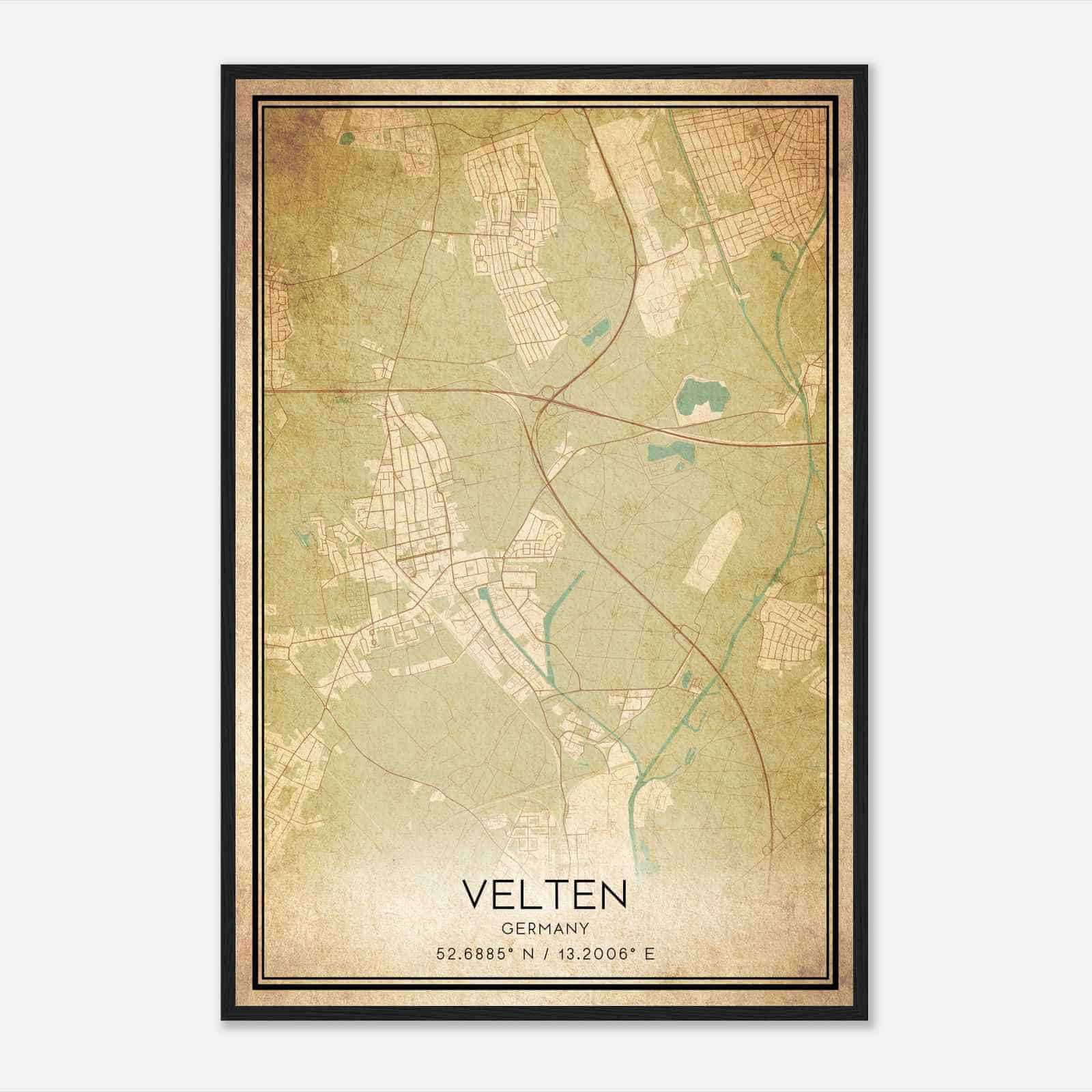Vintage Velten Germany Map Poster, Velten City Road Wall Art Print
