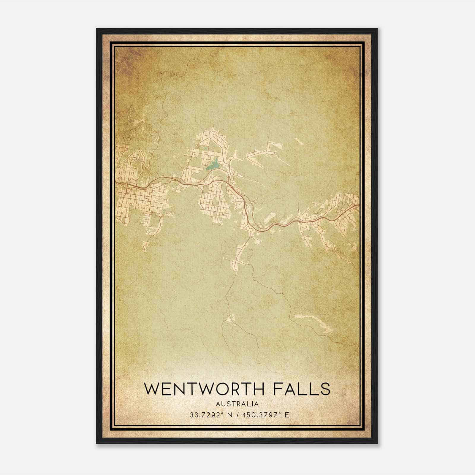 Vintage Wentworth Falls Australia Map Poster, Wentworth Falls City Road Wall Art Print