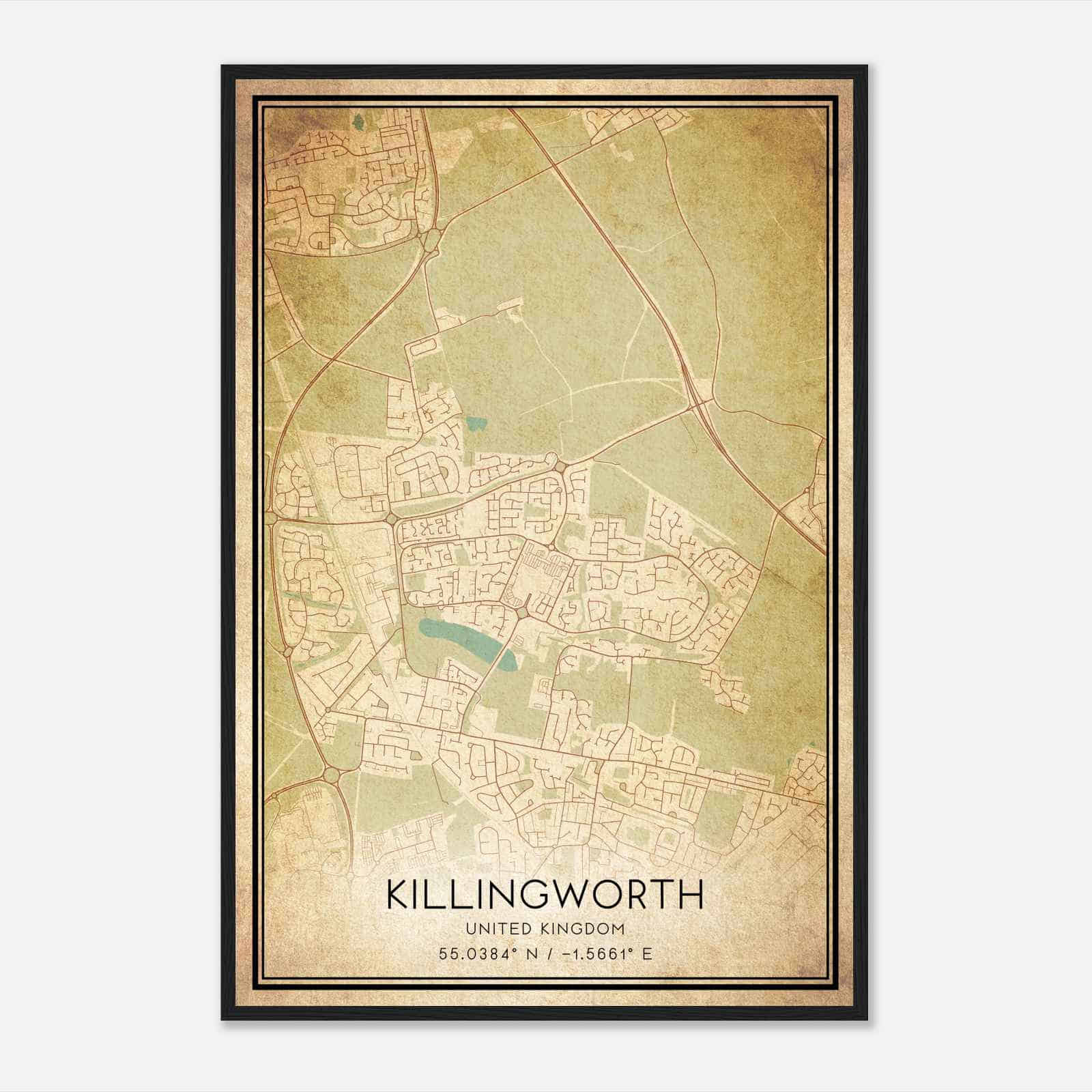 Vintage Killingworth United Kingdom Map Poster, Killingworth City Road Wall Art Print