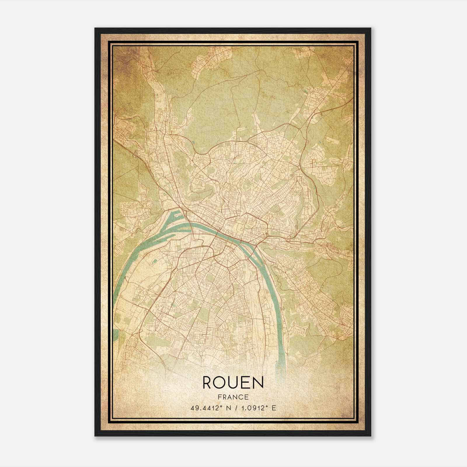 Vintage Rouen France Map Poster, Rouen City Road Wall Art Print