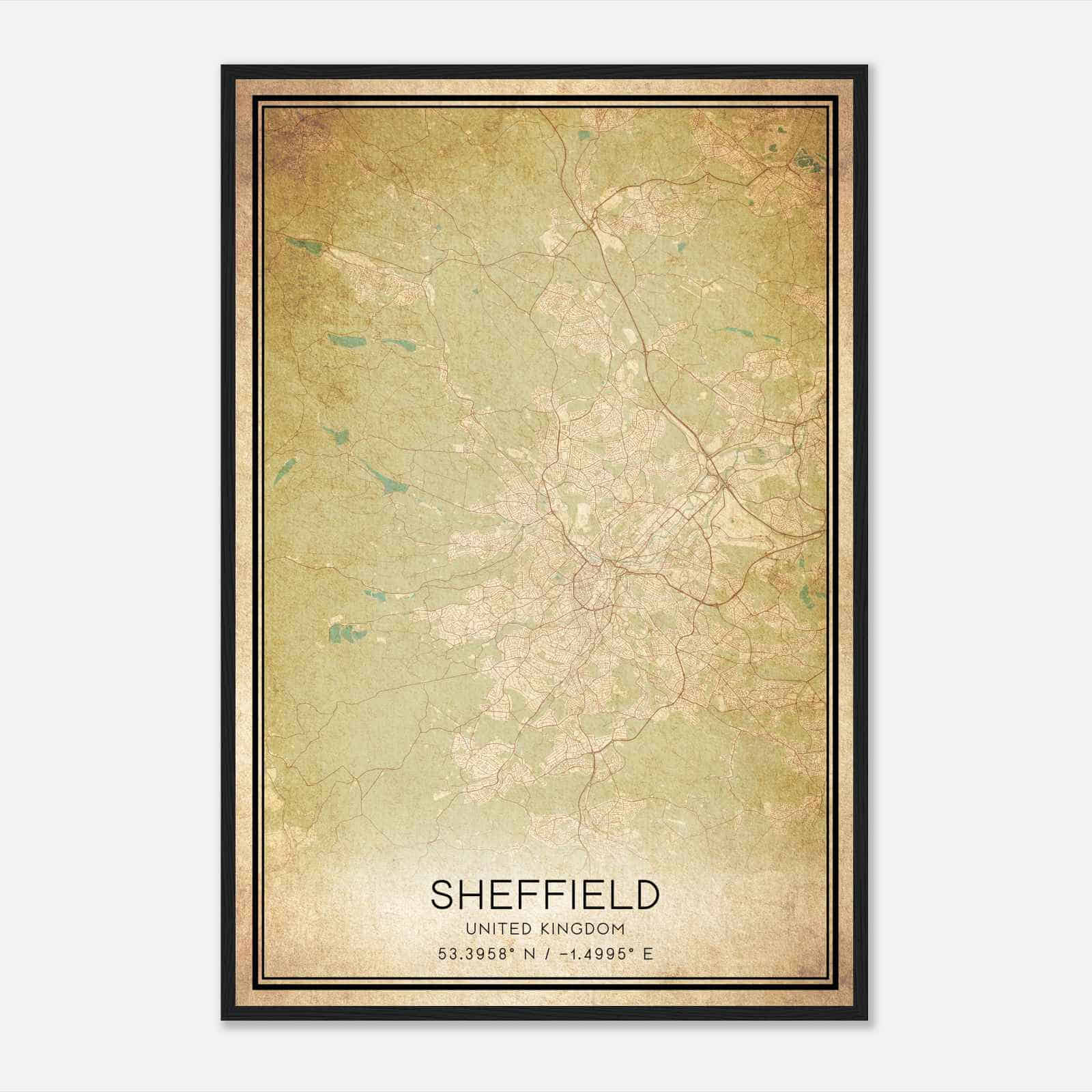 Vintage Sheffield United Kingdom Map Poster, Sheffield City Road Wall Art Print