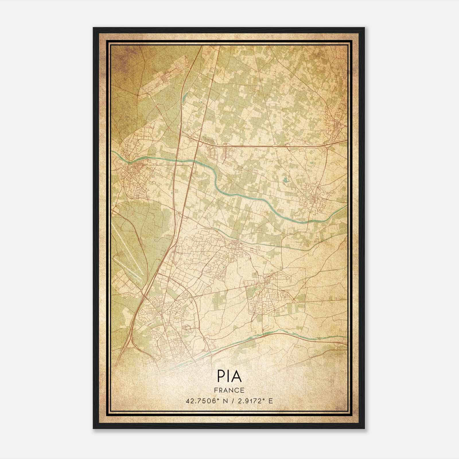 Vintage Pia France Map Poster, Pia City Road Wall Art Print