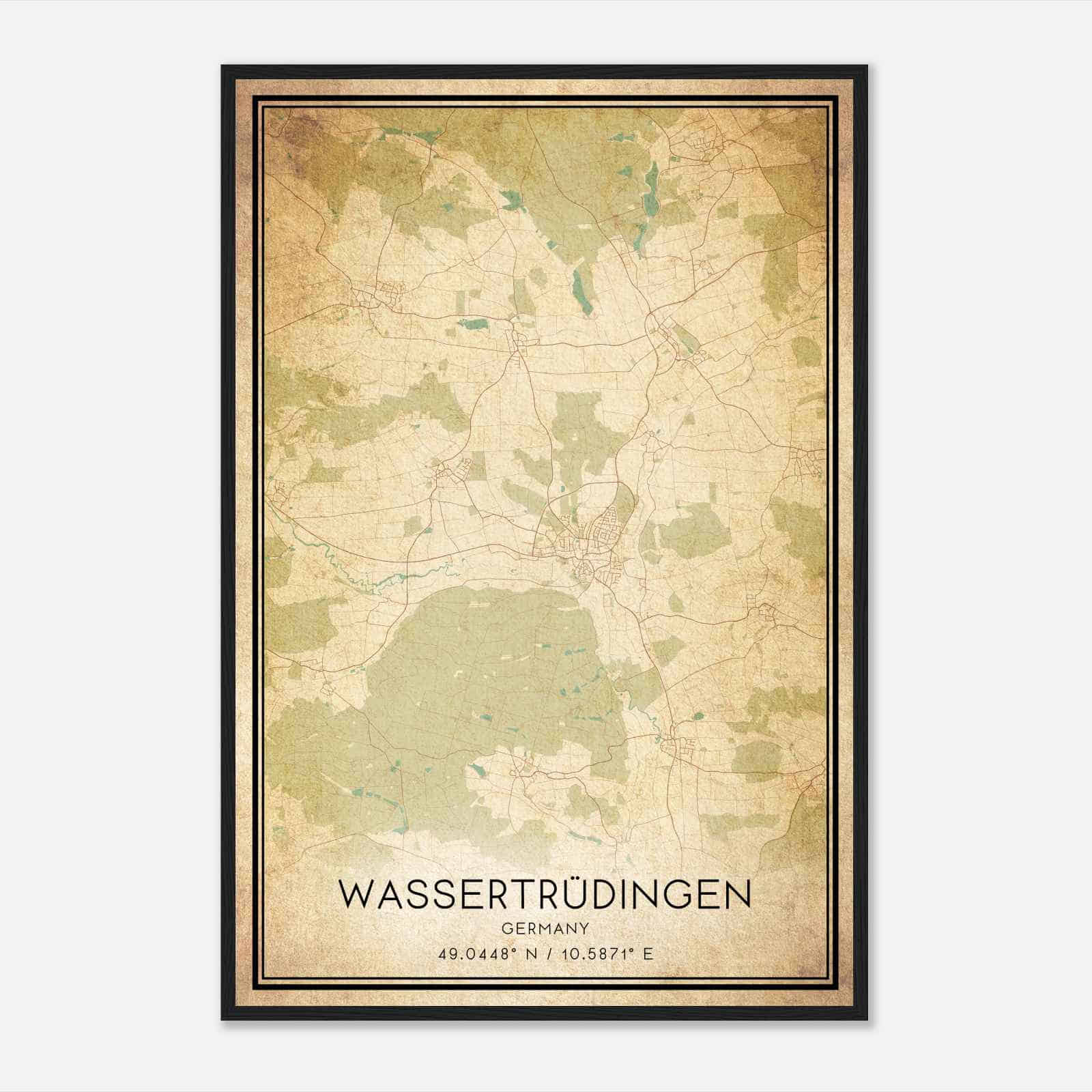 Vintage Wassertrudingen Germany Map Poster, Wassertrudingen City Road Wall Art Print