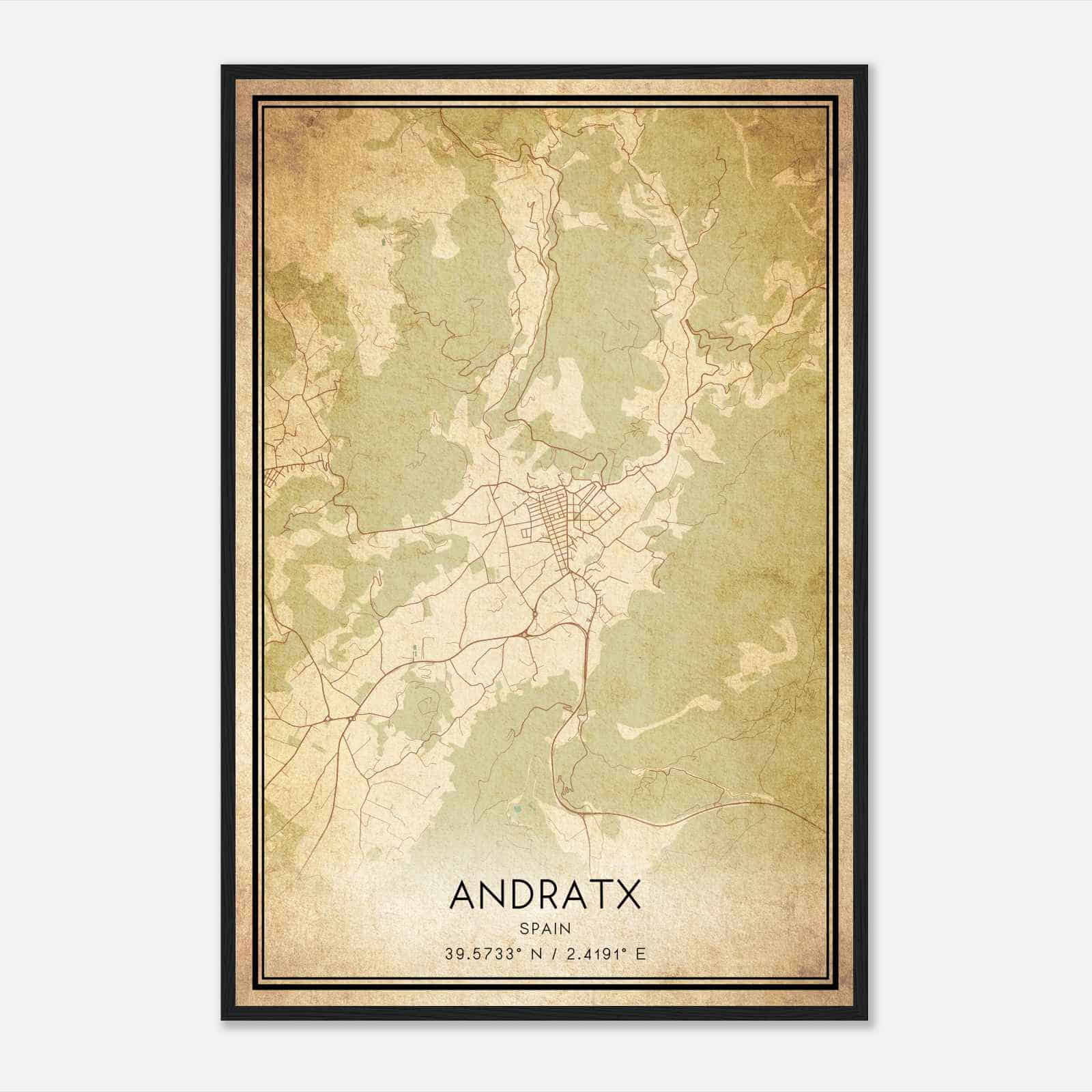 Vintage Andraitx Spain Map Poster, Andraitx City Road Wall Art Print