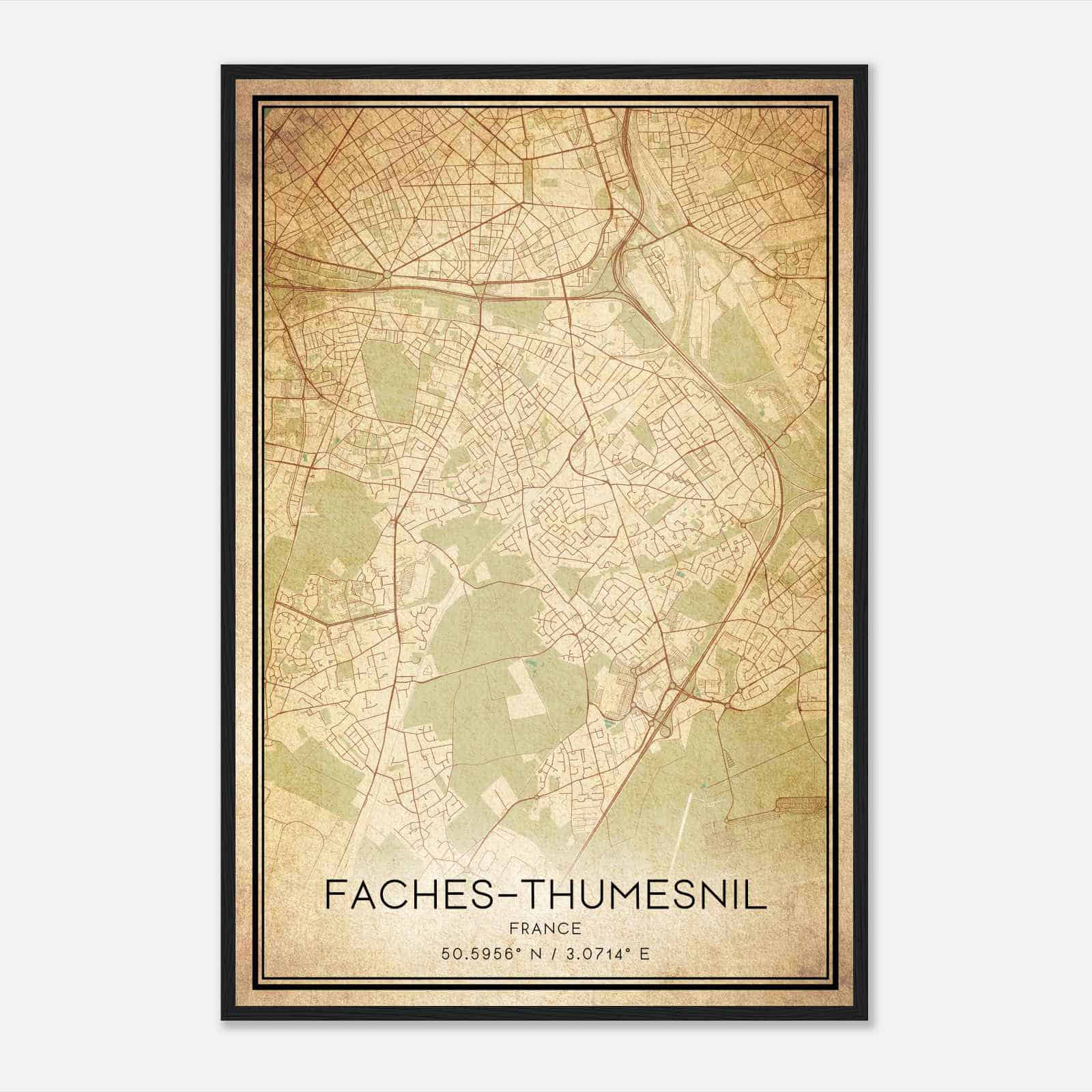 Vintage Faches-Thumesnil France Map Poster, Faches-Thumesnil City Road Wall Art Print