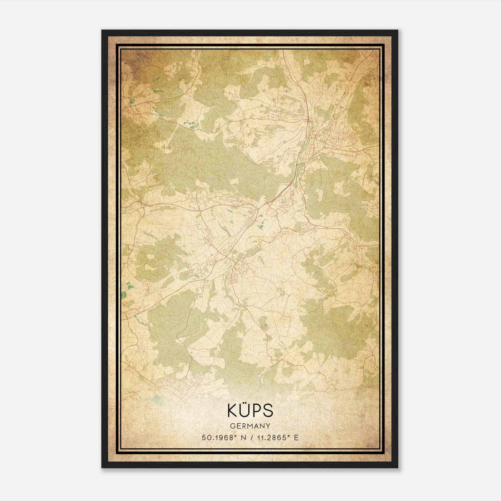 Vintage Kups Germany Map Poster, Kups City Road Wall Art Print