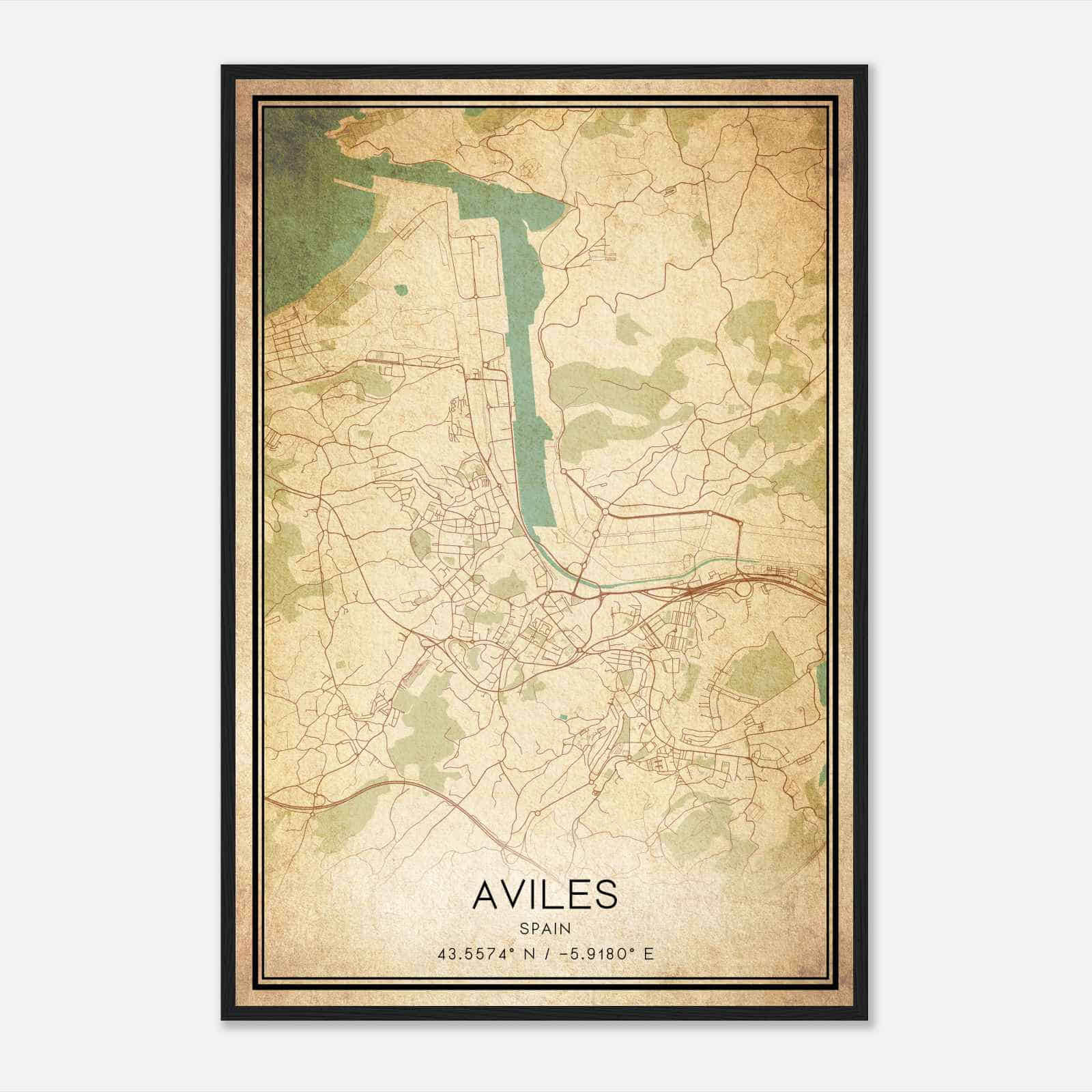 Vintage Aviles Spain Map Poster, Aviles City Road Wall Art Print
