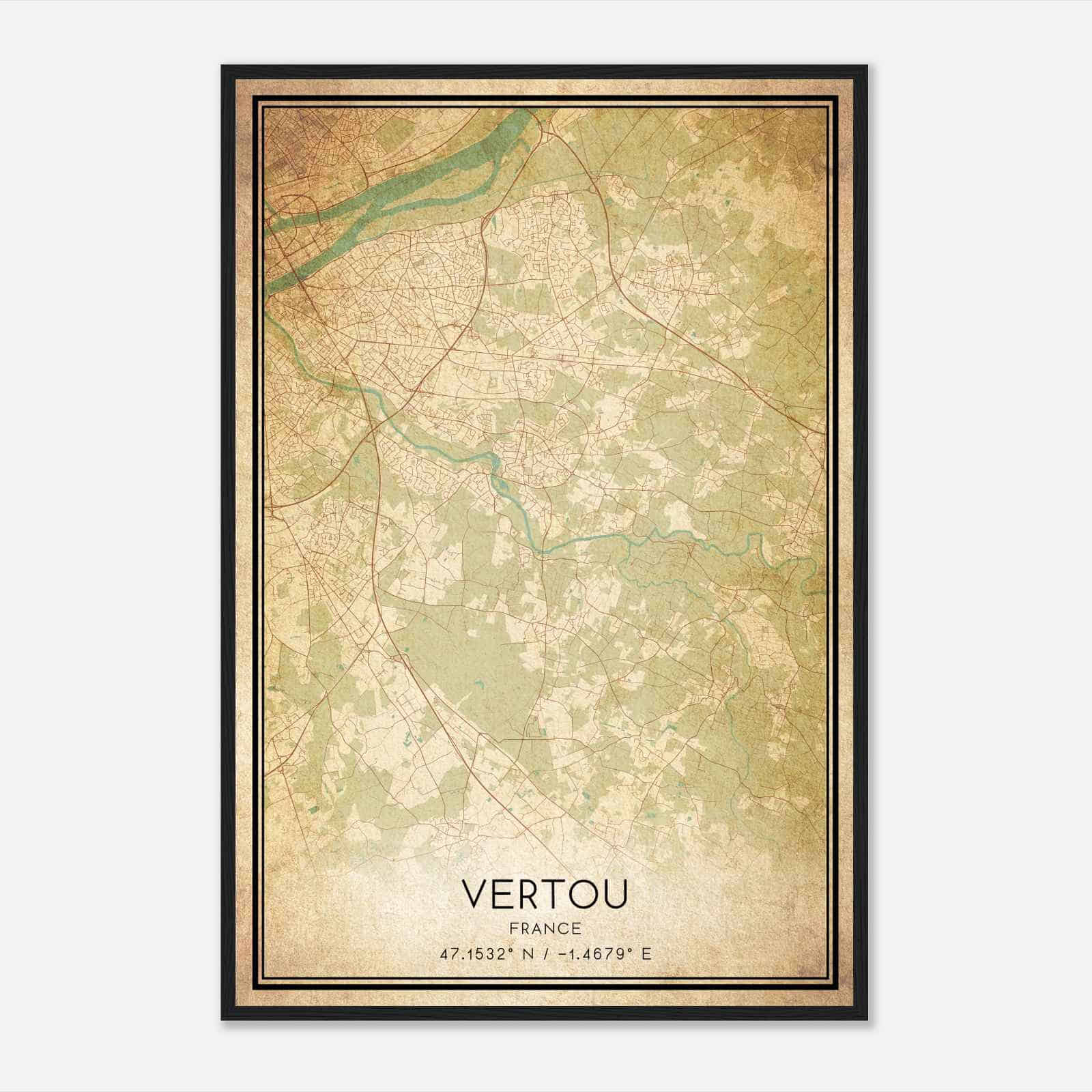 Vintage Vertou France Map Poster, Vertou City Road Wall Art Print