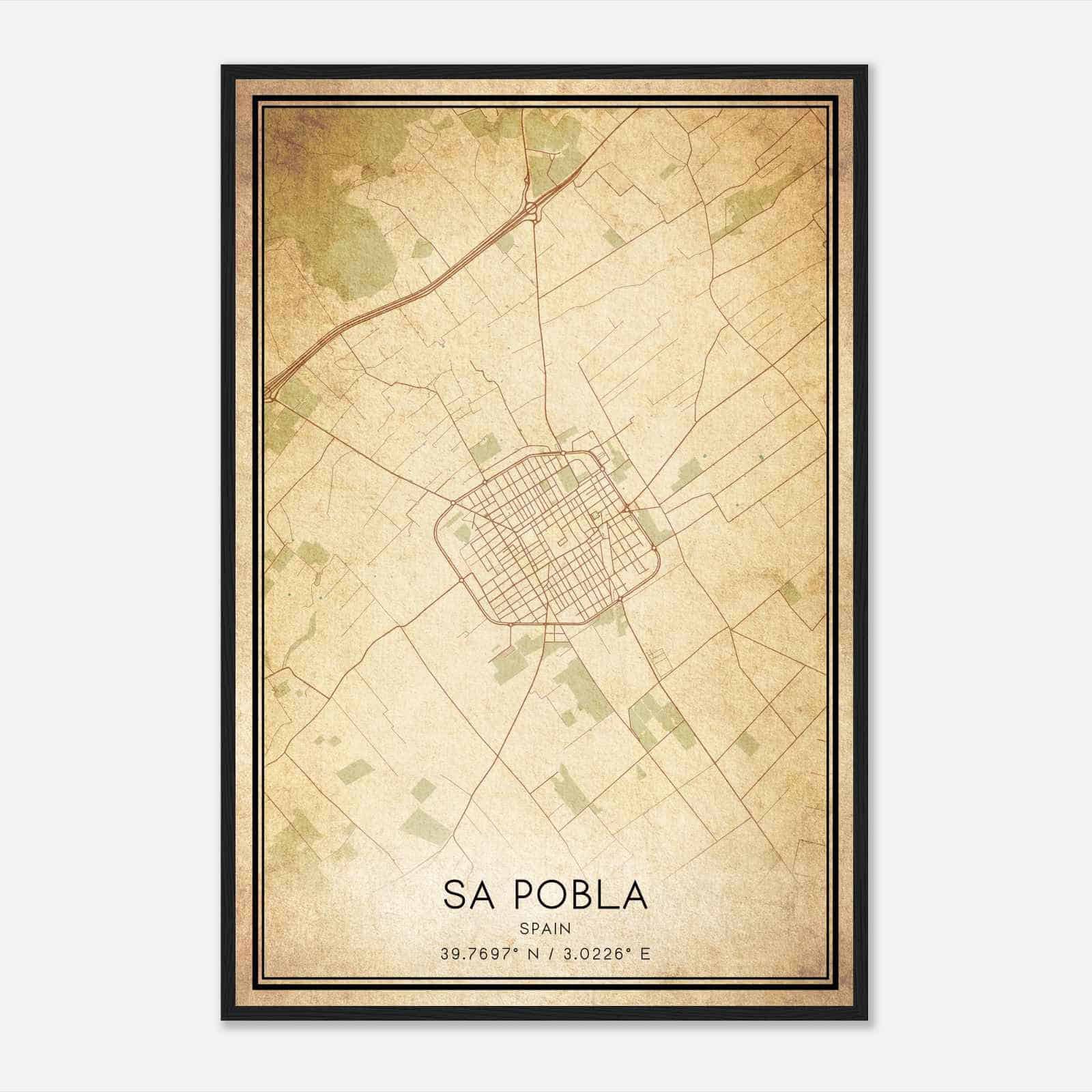 Vintage La Puebla Spain Map Poster, La Puebla City Road Wall Art Print