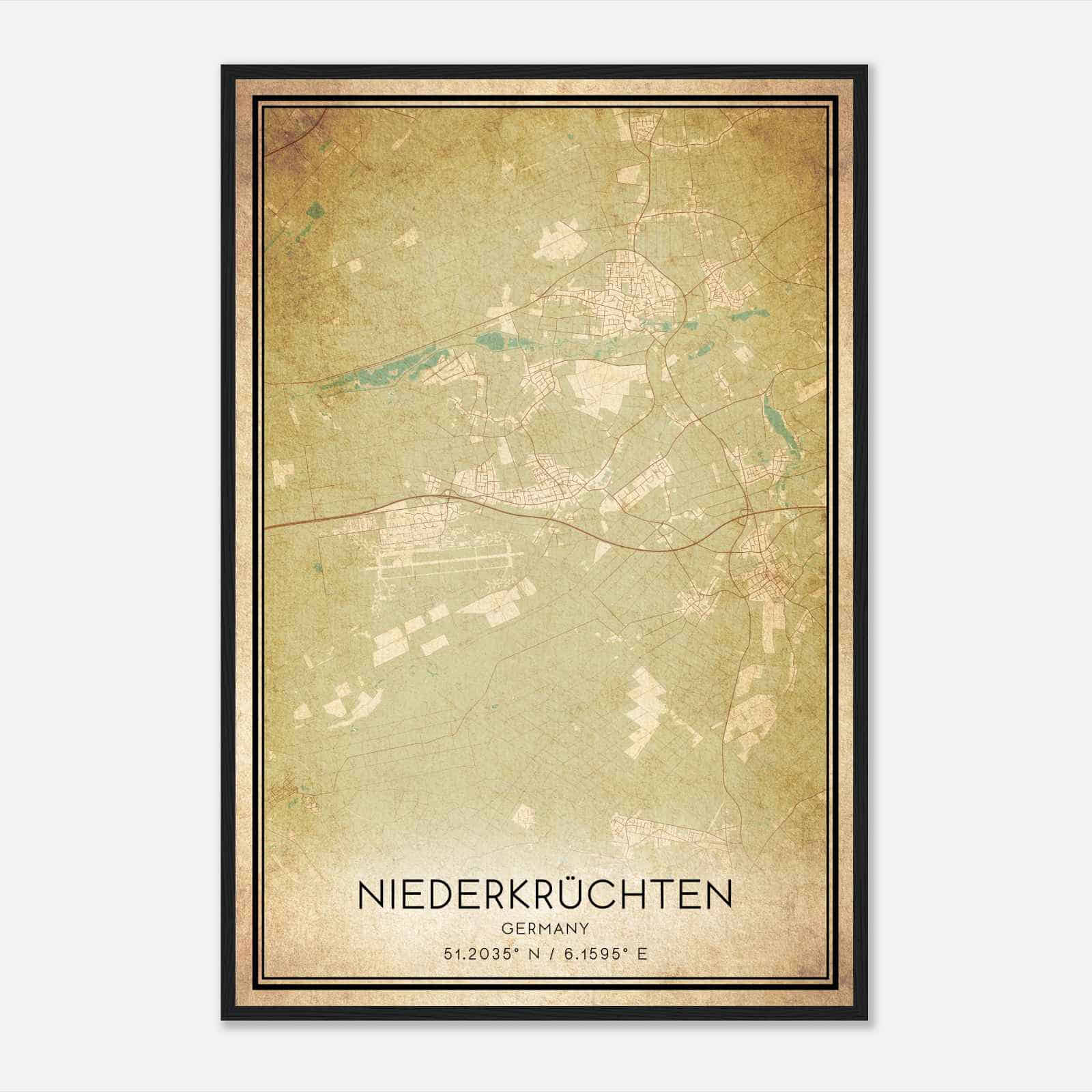 Vintage Niederkruchten Germany Map Poster, Niederkruchten City Road Wall Art Print