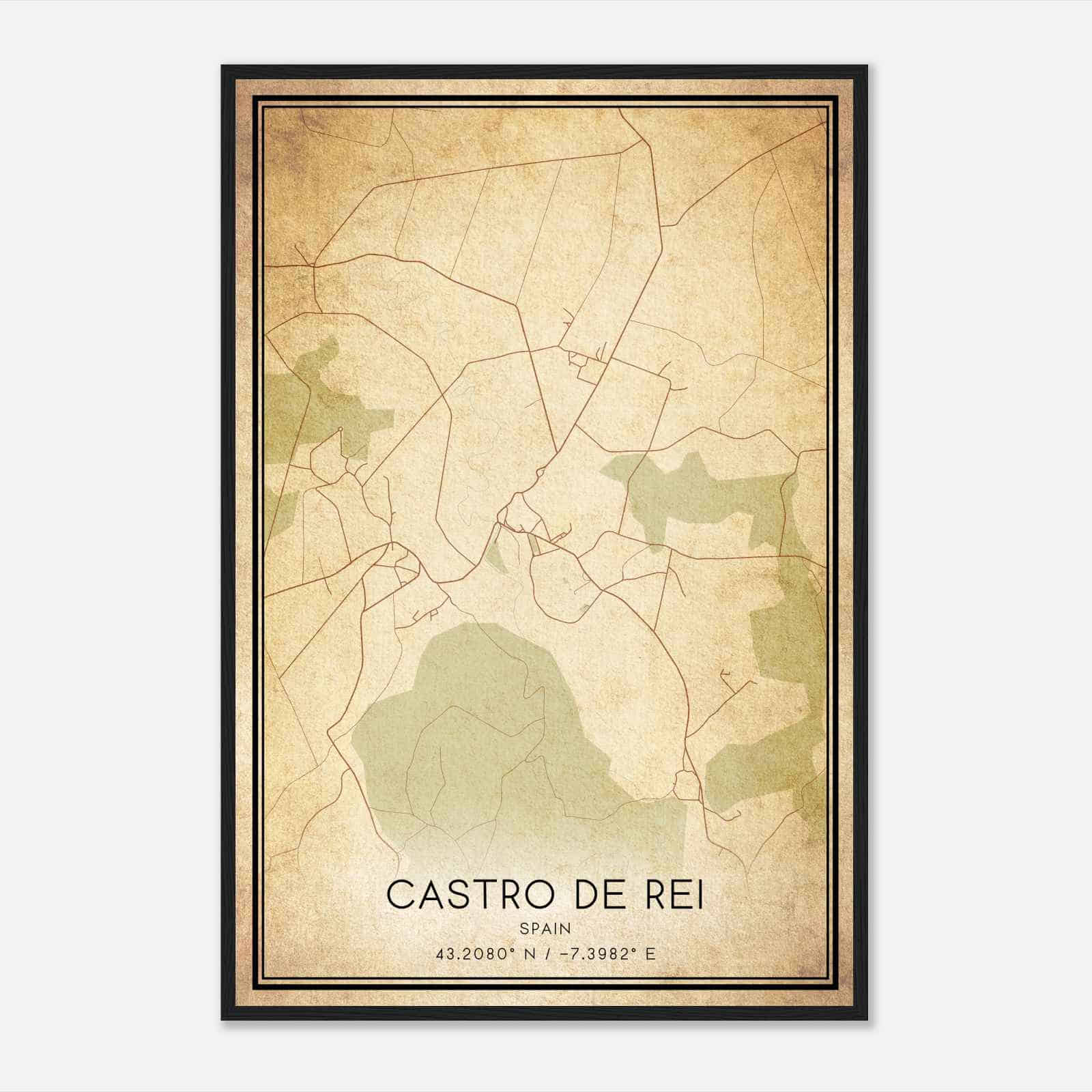 Vintage Castro de Rey Spain Map Poster, Castro de Rey City Road Wall Art Print