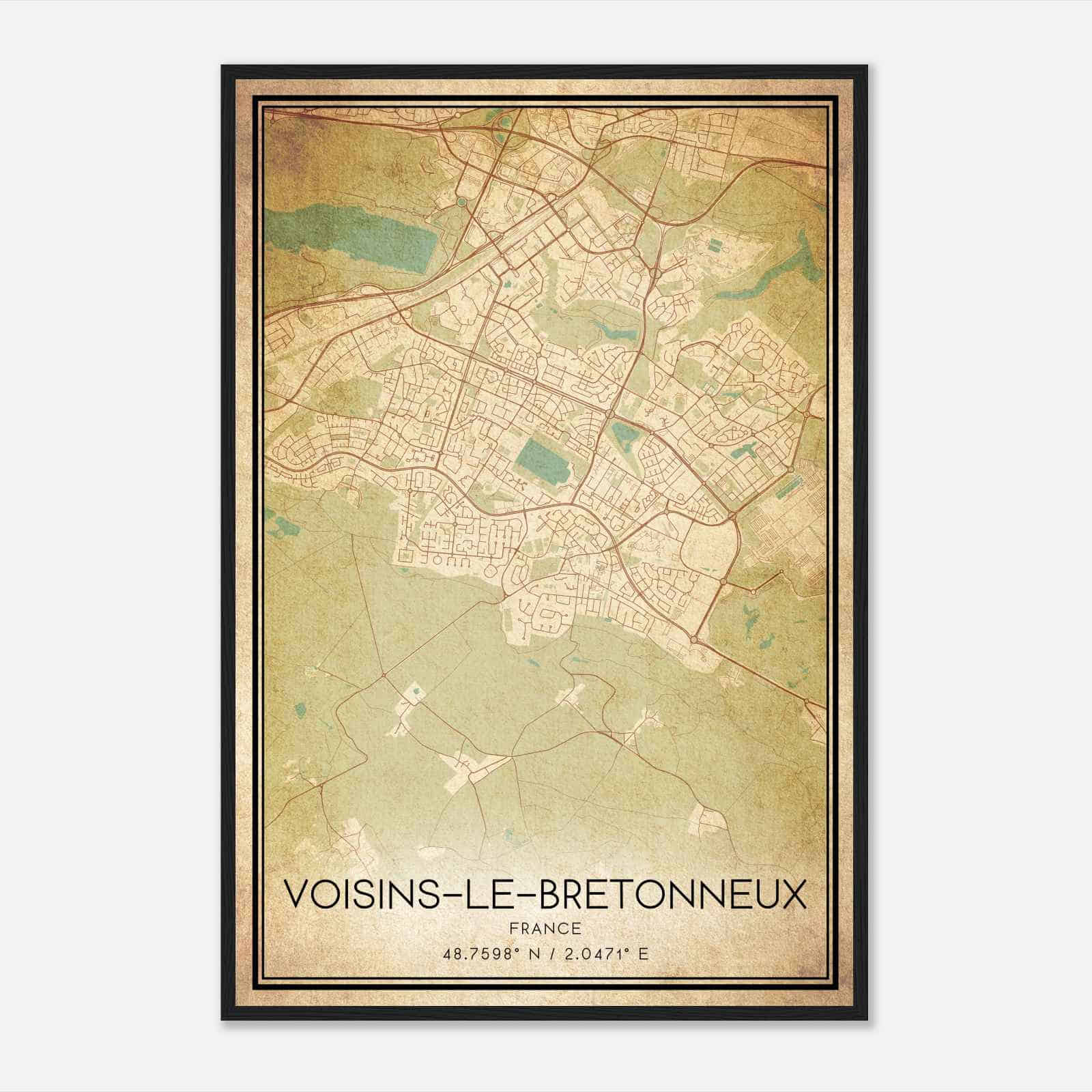 Vintage Voisins-le-Bretonneux France Map Poster, Voisins-le-Bretonneux City Road Wall Art Print