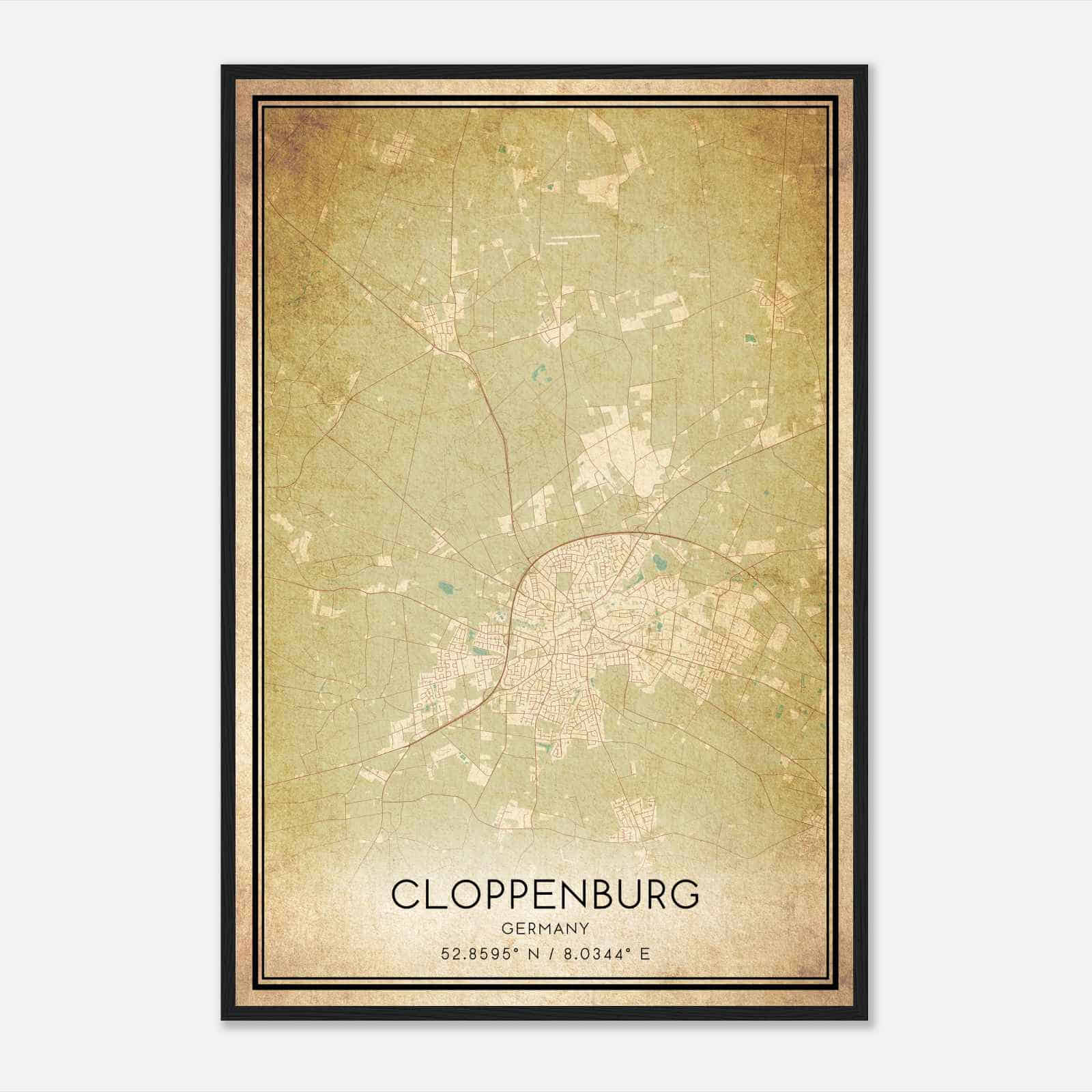 Vintage Cloppenburg Germany Map Poster, Cloppenburg City Road Wall Art Print