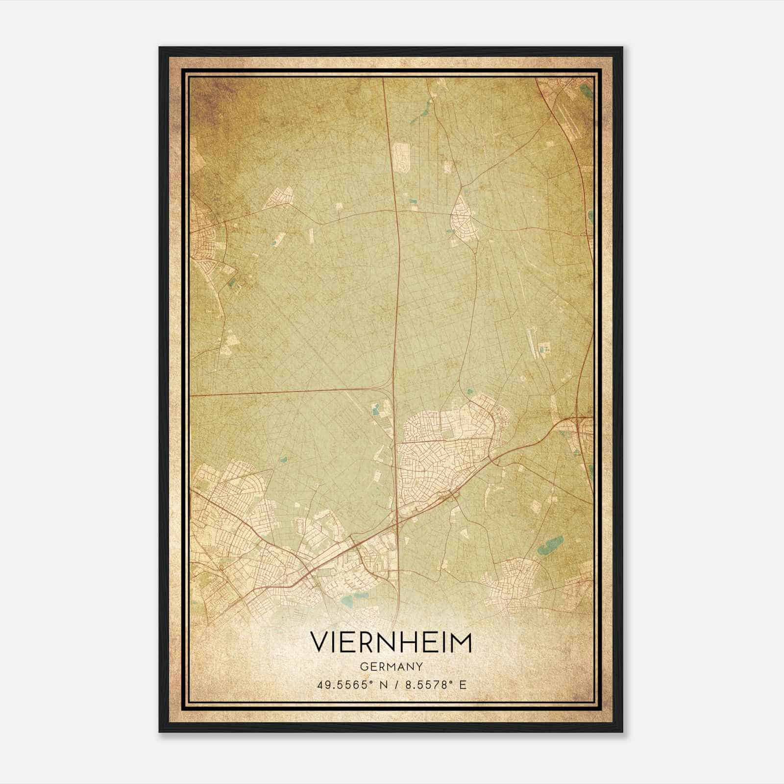 Vintage Viernheim Germany Map Poster, Viernheim City Road Wall Art Print
