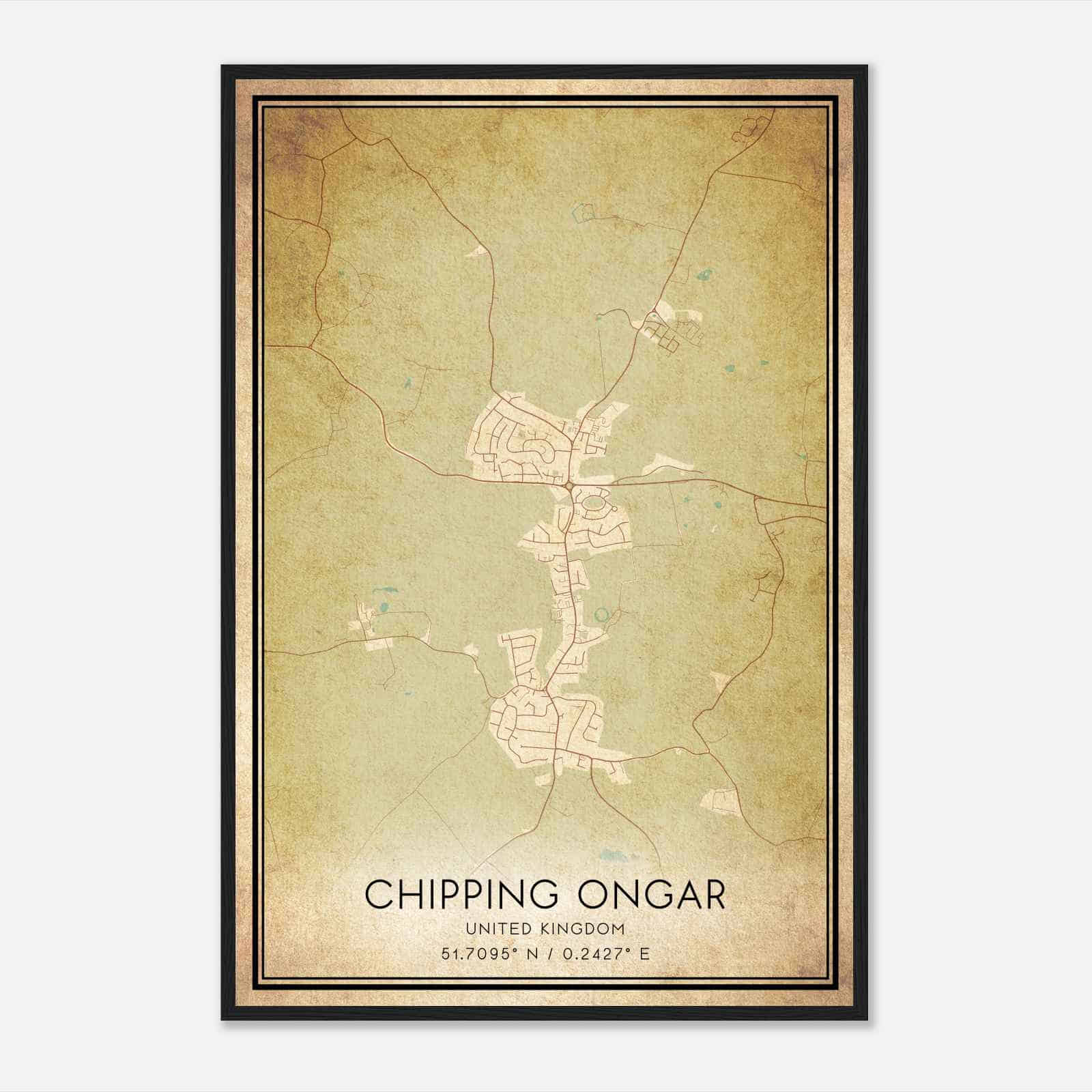 Vintage Chipping Ongar United Kingdom Map Poster, Chipping Ongar City Road Wall Art Print
