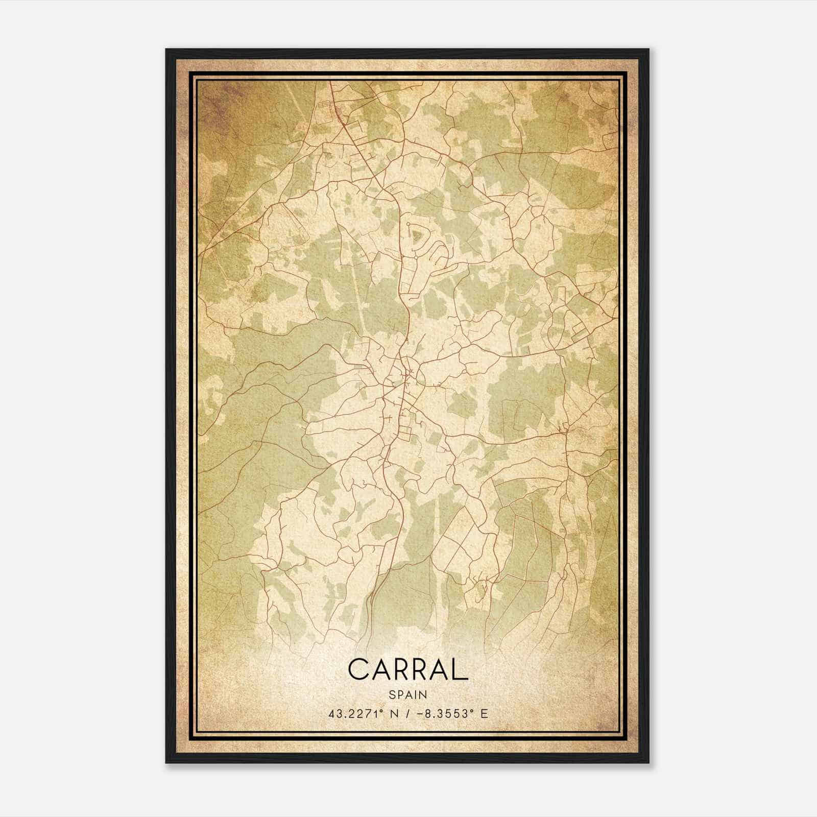 Vintage Carral Spain Map Poster, Carral City Road Wall Art Print