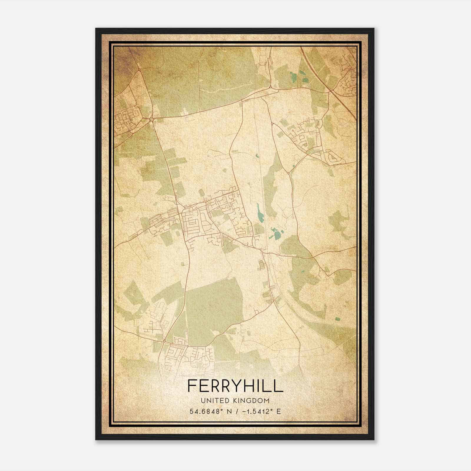 Vintage Ferryhill United Kingdom Map Poster, Ferryhill City Road Wall Art Print