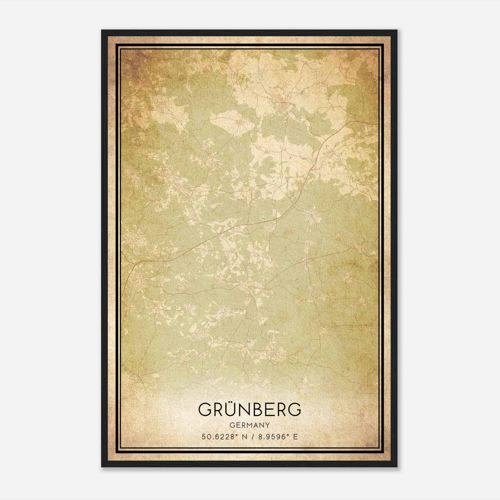 Vintage Grunberg Germany Map Poster, Grunberg City Road Wall Art Print
