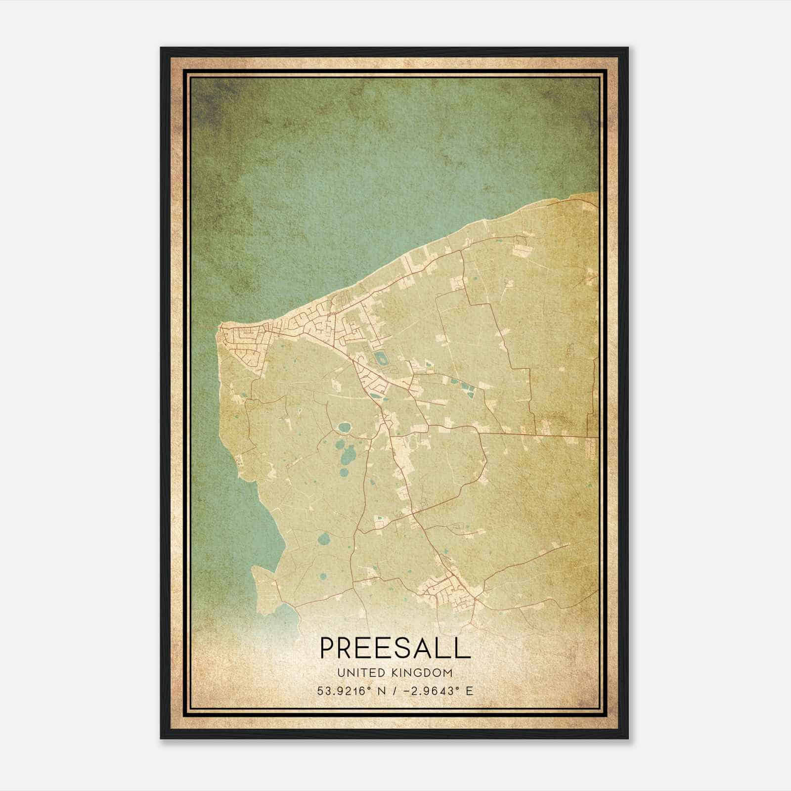 Vintage Preesall United Kingdom Map Poster, Preesall City Road Wall Art Print