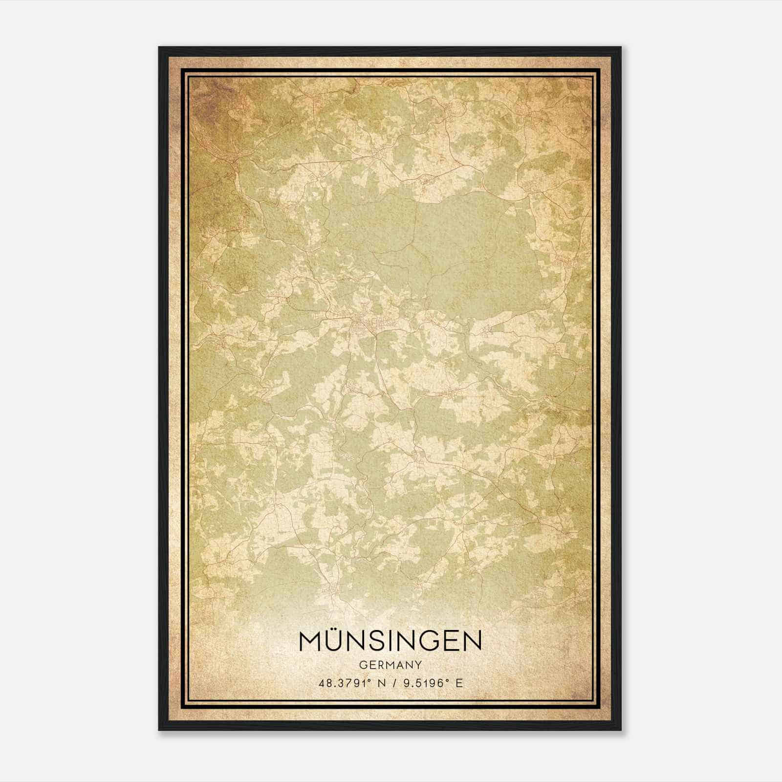 Vintage Munsingen Germany Map Poster, Munsingen City Road Wall Art Print