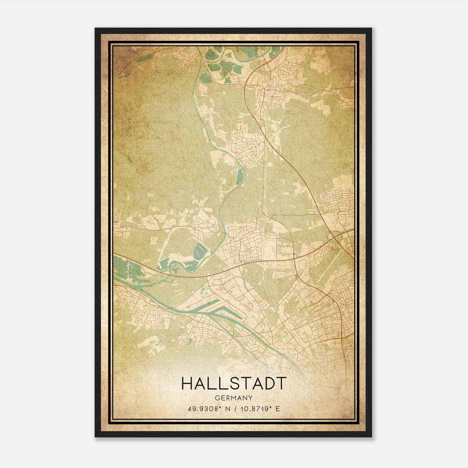 Vintage Hallstadt Germany Map Poster, Hallstadt City Road Wall Art Print