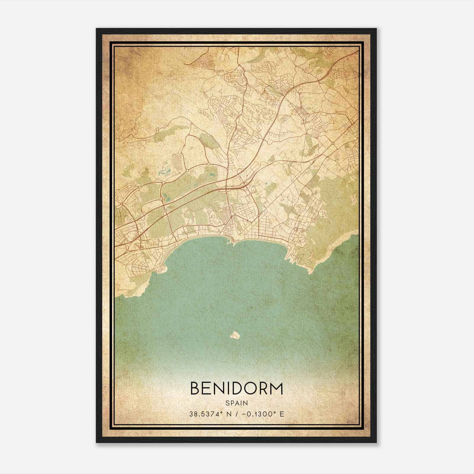Vintage Benidorm Spain Map Poster, Benidorm City Road Wall Art Print