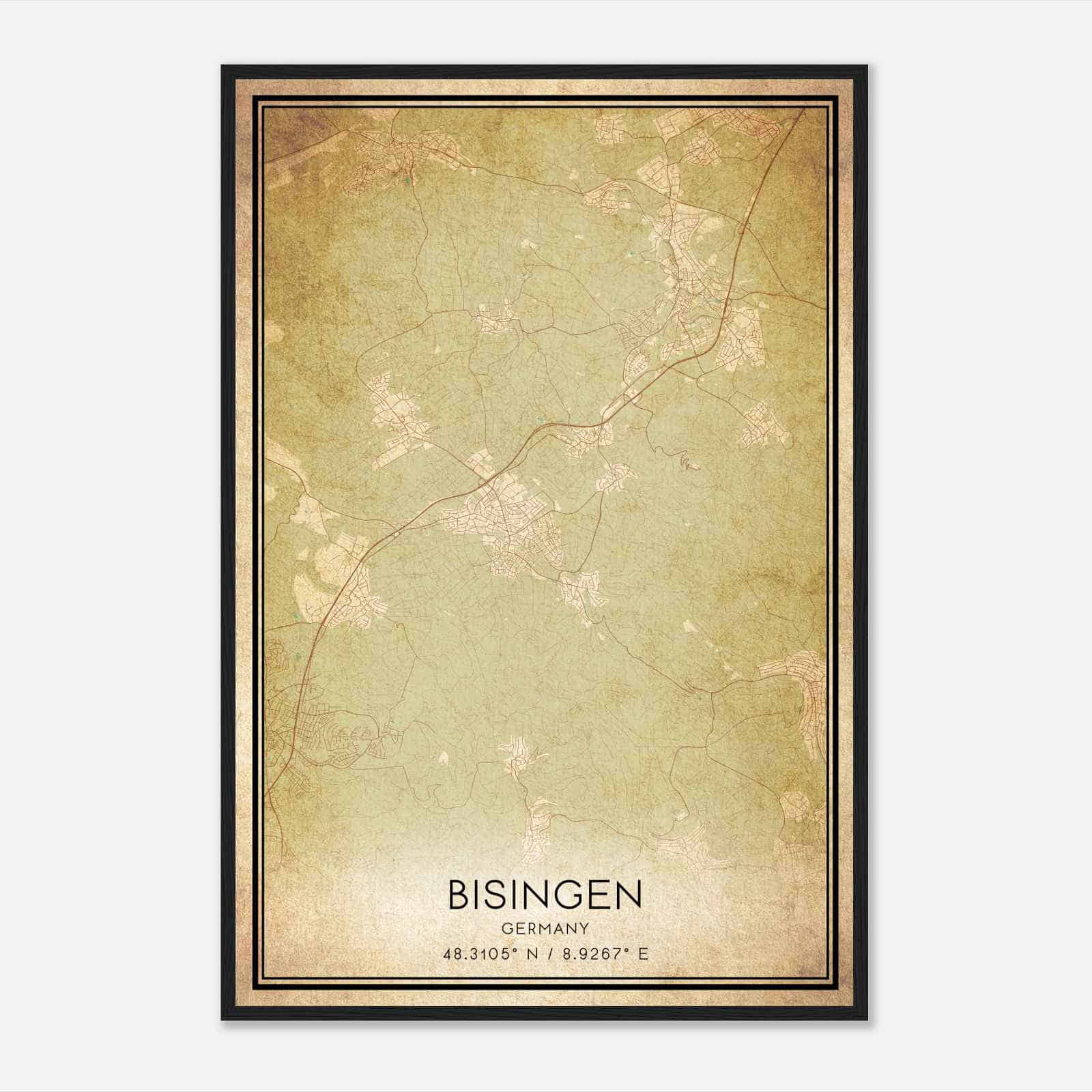 Vintage Bisingen Germany Map Poster, Bisingen City Road Wall Art Print