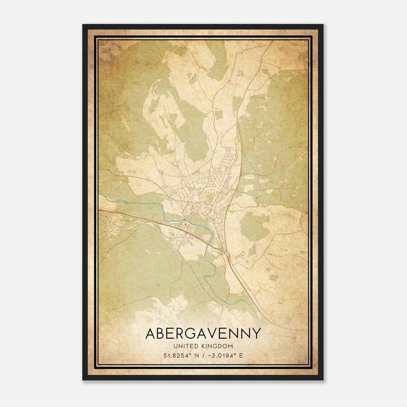 Vintage Abergavenny United Kingdom Map Poster, Abergavenny City Road Wall Art Print