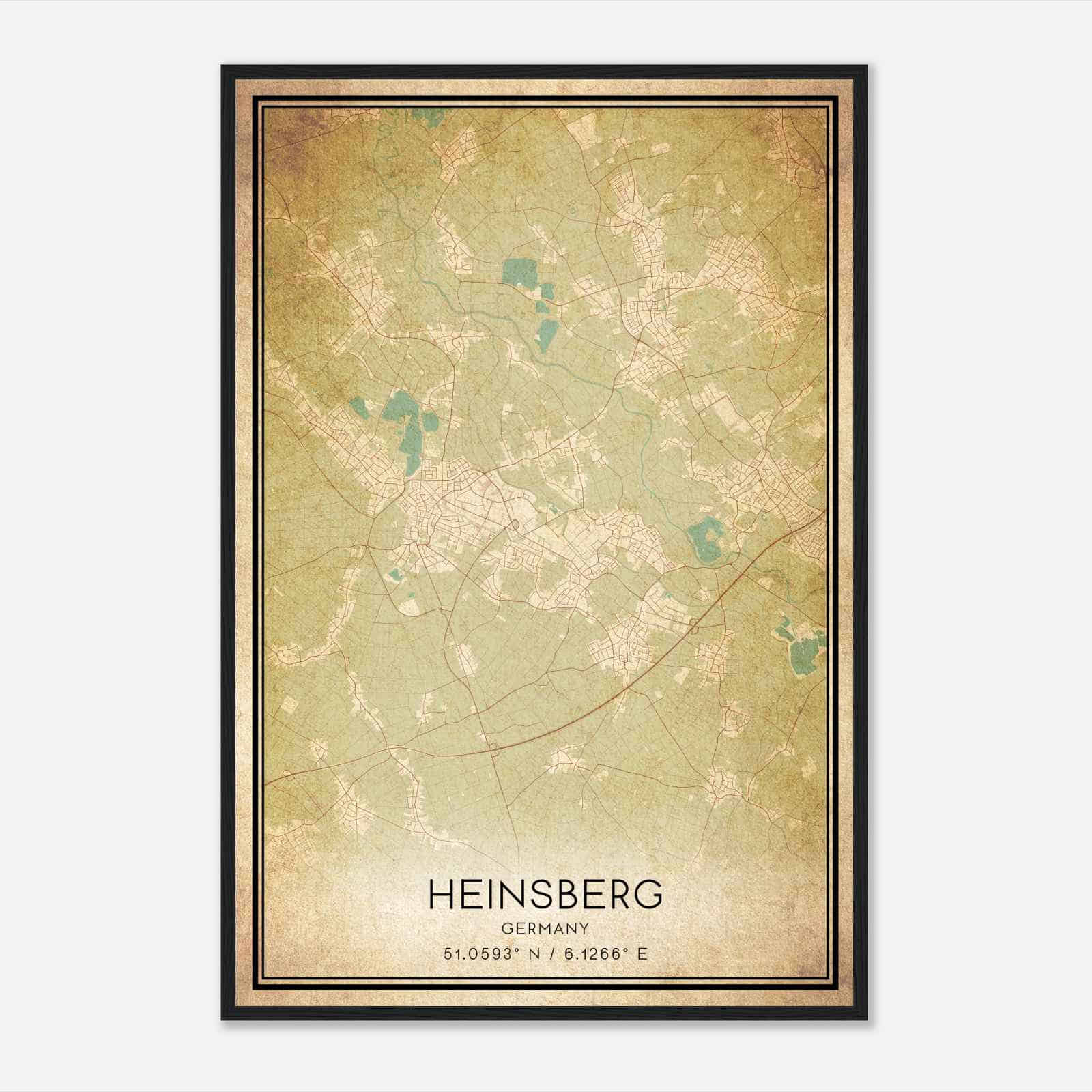 Vintage Heinsberg Germany Map Poster, Heinsberg City Road Wall Art Print