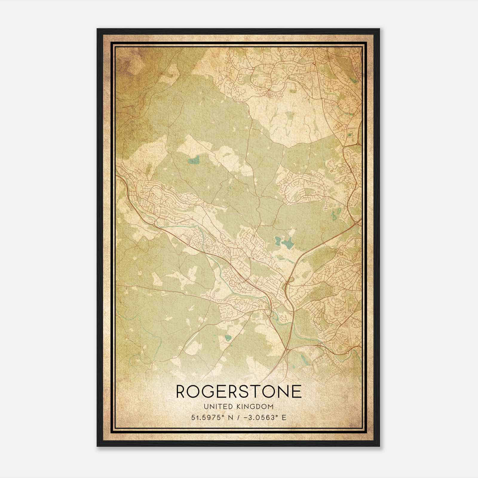 Vintage Rogerstone United Kingdom Map Poster, Rogerstone City Road Wall Art Print