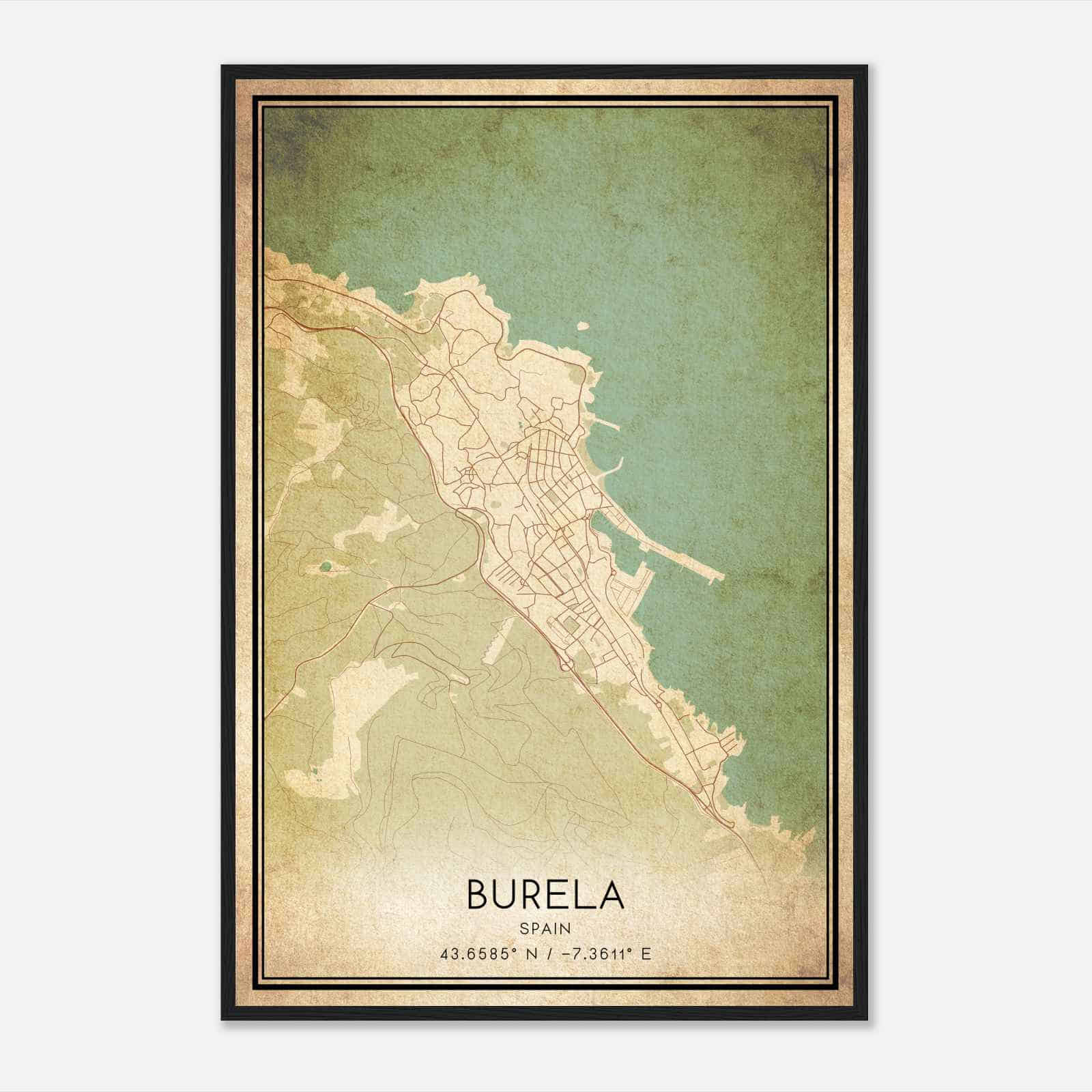 Vintage Burela de Cabo Spain Map Poster, Burela de Cabo City Road Wall Art Print