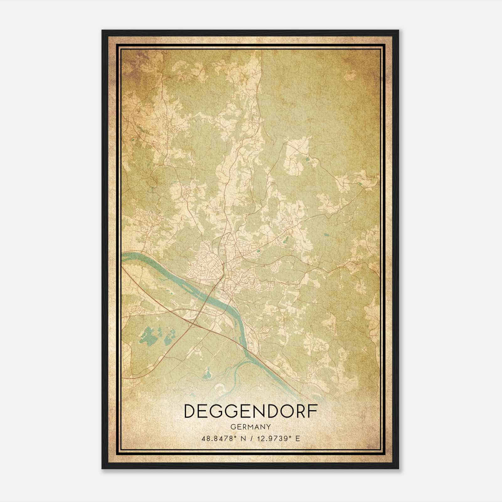 Vintage Deggendorf Germany Map Poster, Deggendorf City Road Wall Art Print