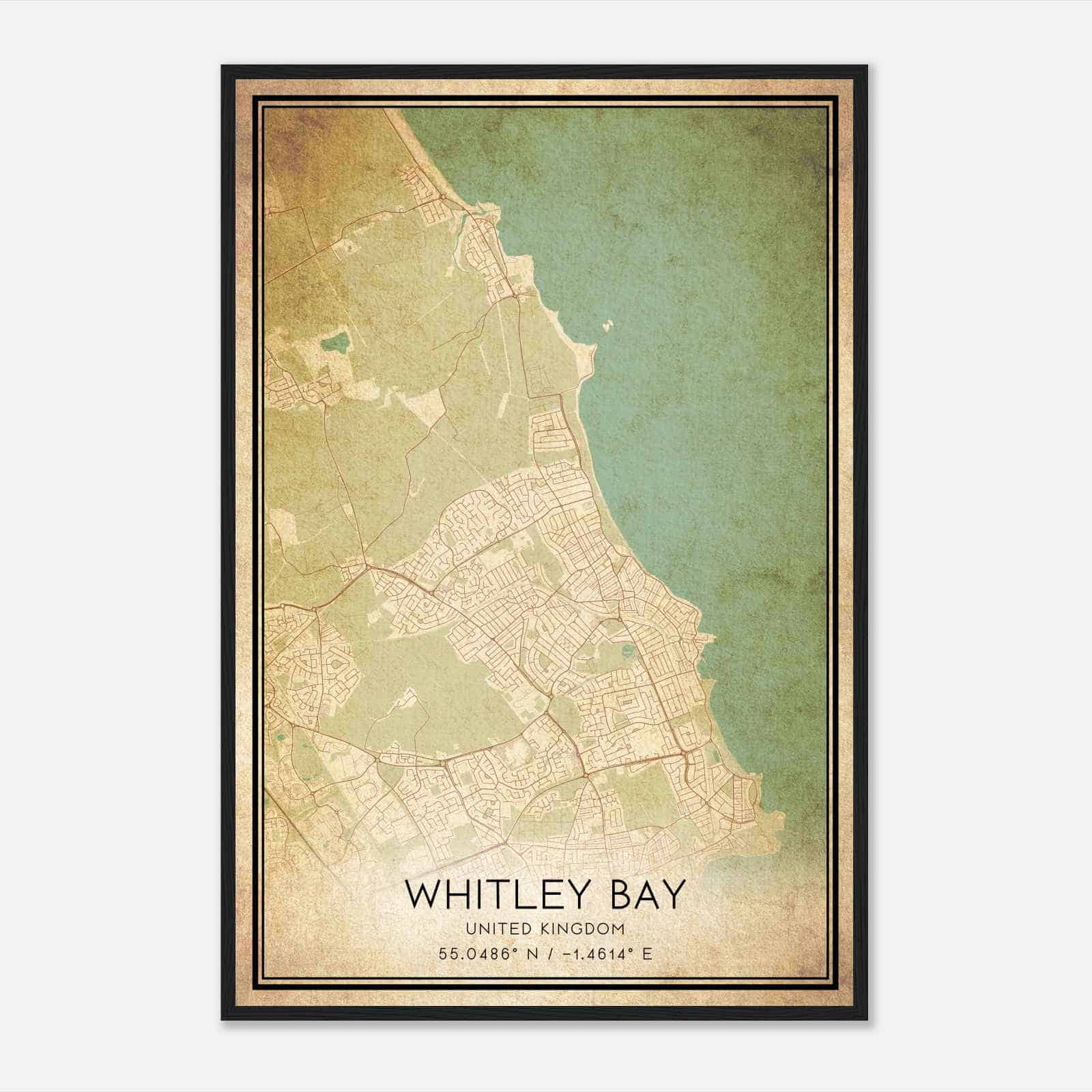 Vintage Whitley Bay United Kingdom Map Poster, Whitley Bay City Road Wall Art Print