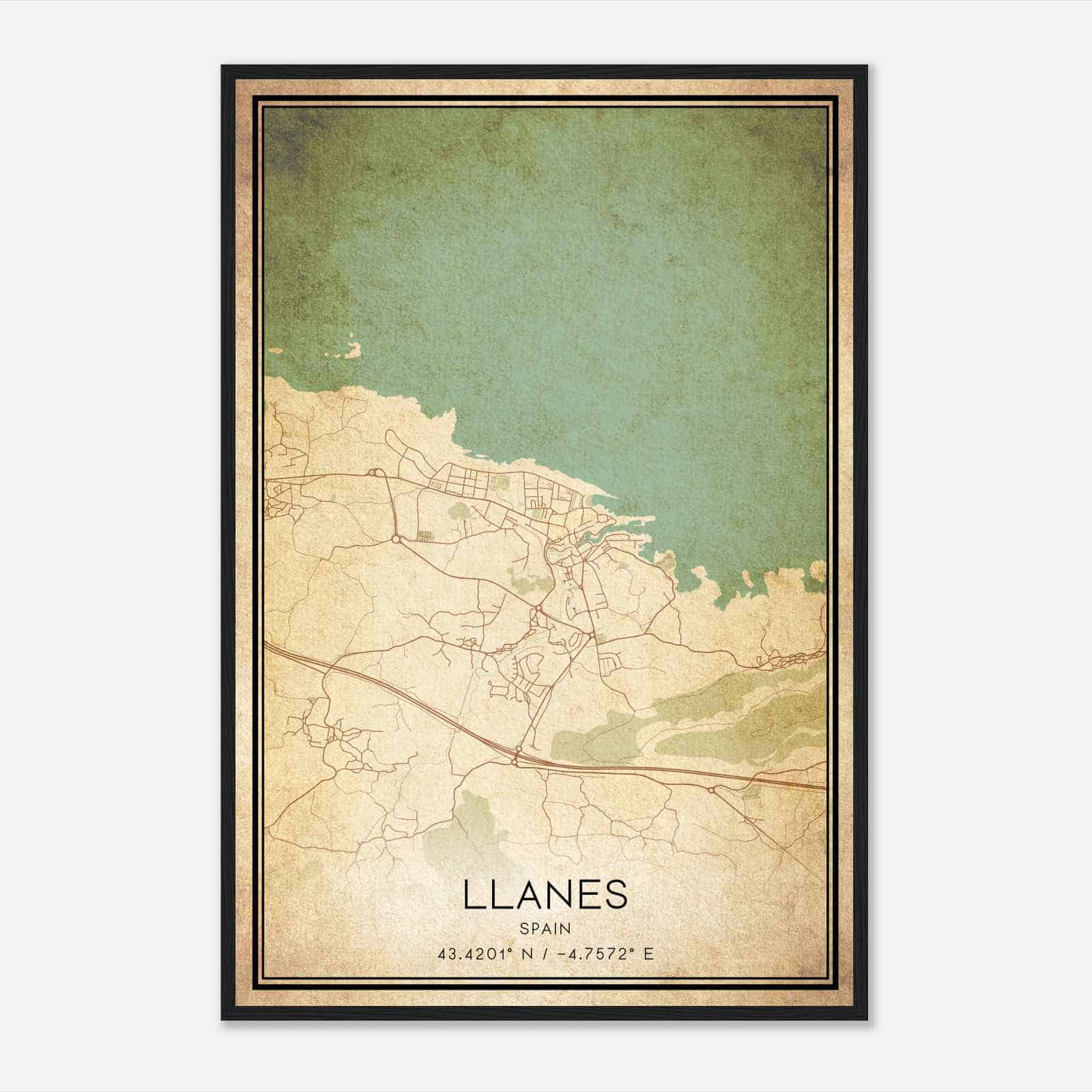Vintage Llanes Spain Map Poster, Llanes City Road Wall Art Print