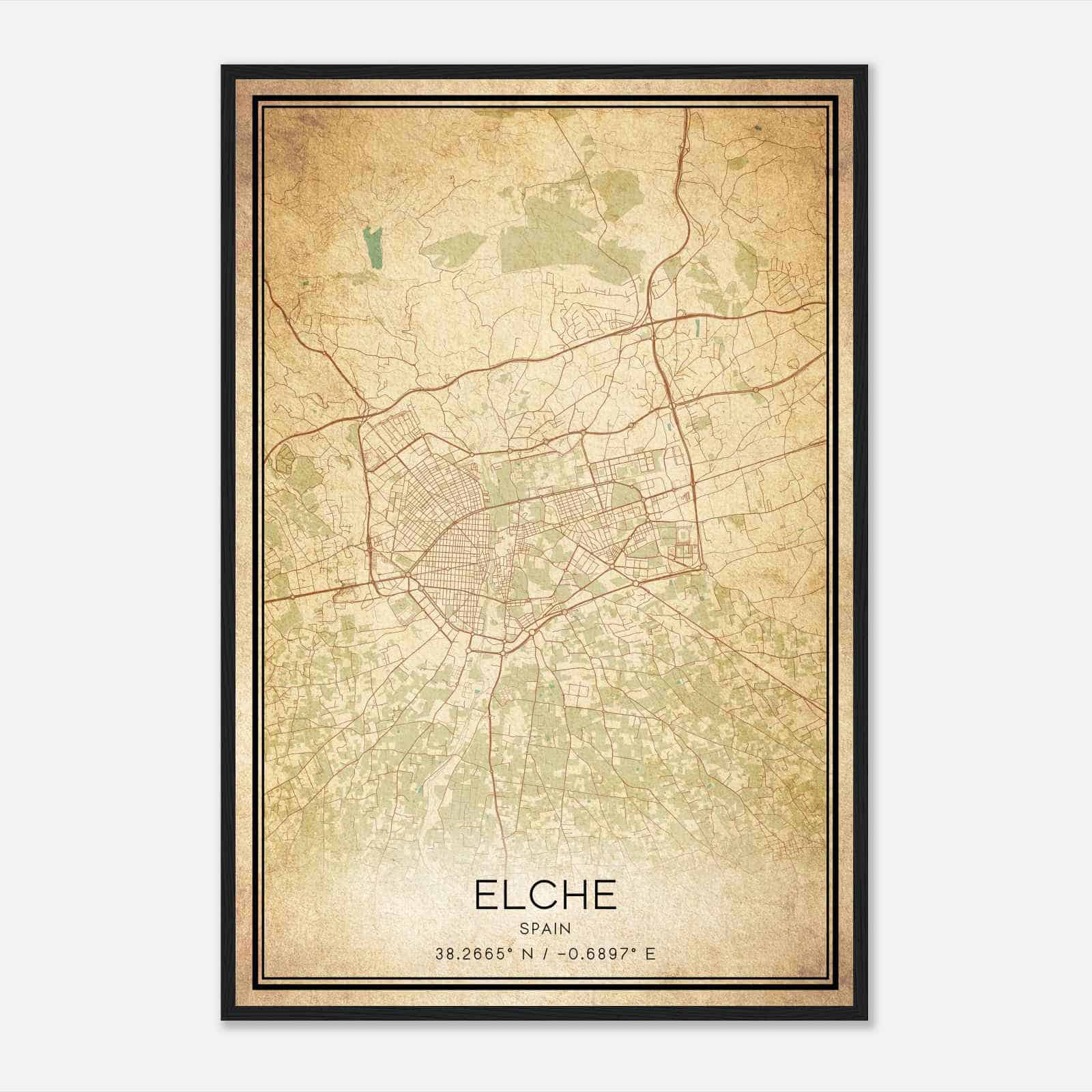 Vintage Elche Spain Map Poster, Elche City Road Wall Art Print