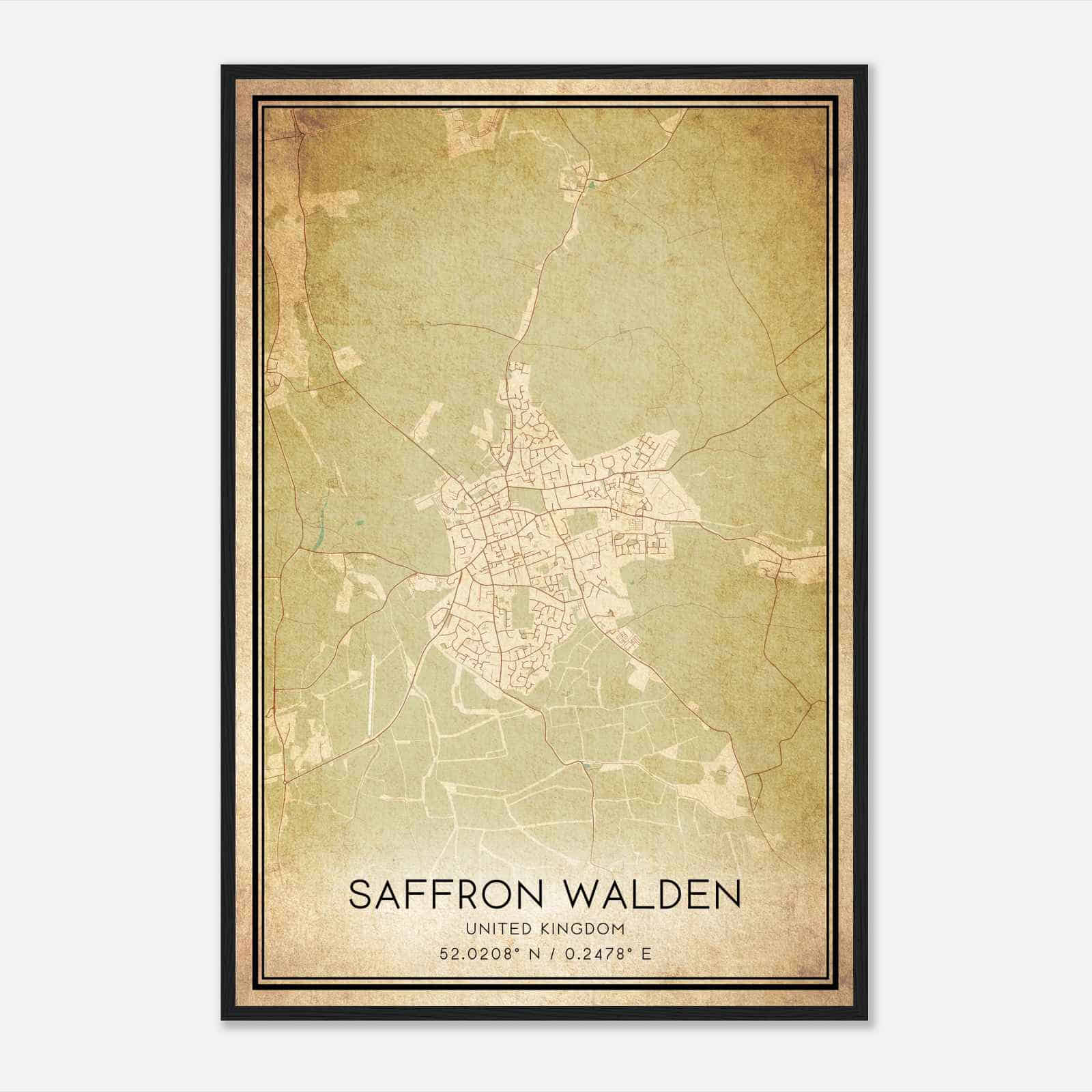 Vintage Saffron Walden United Kingdom Map Poster, Saffron Walden City Road Wall Art Print