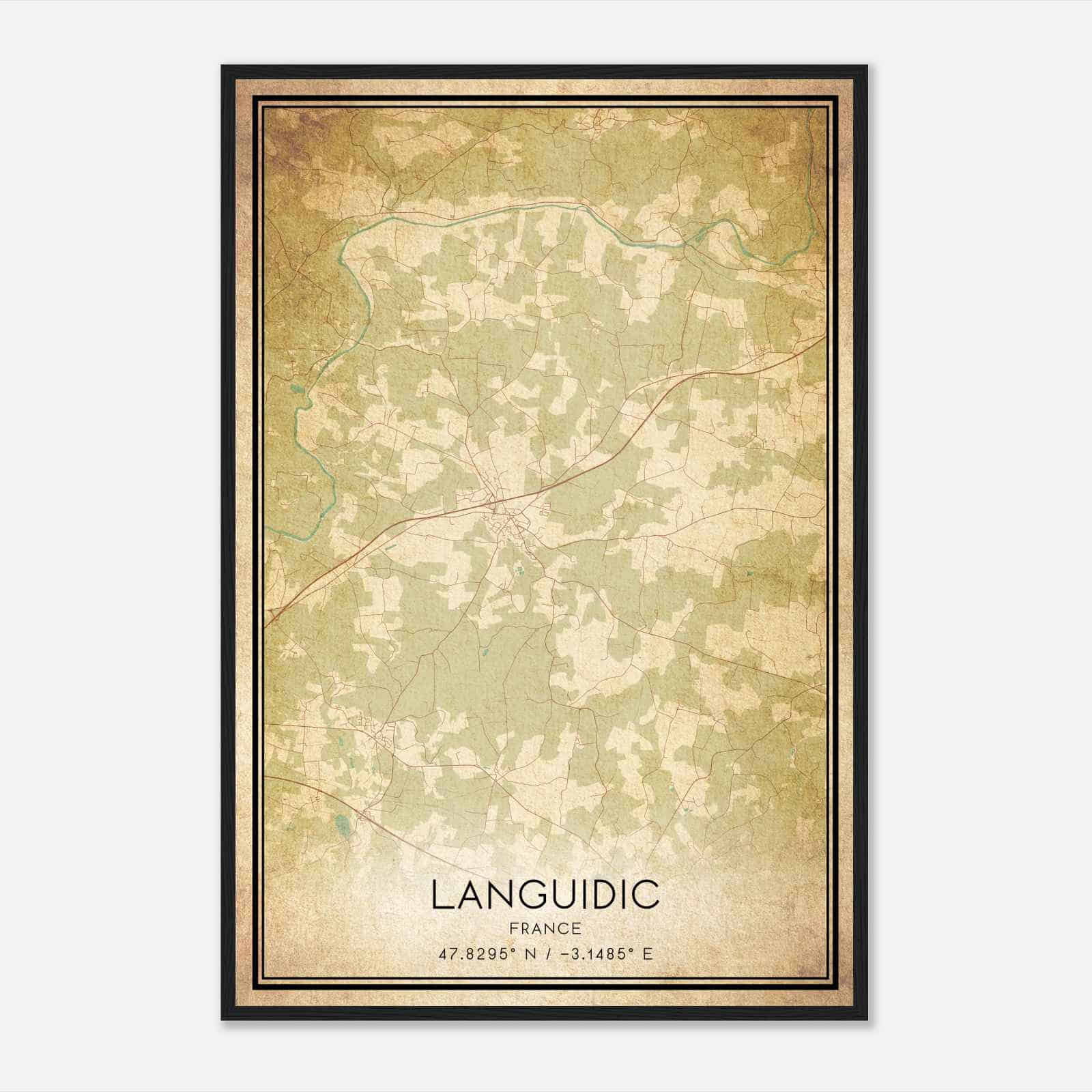 Vintage Languidic France Map Poster, Languidic City Road Wall Art Print