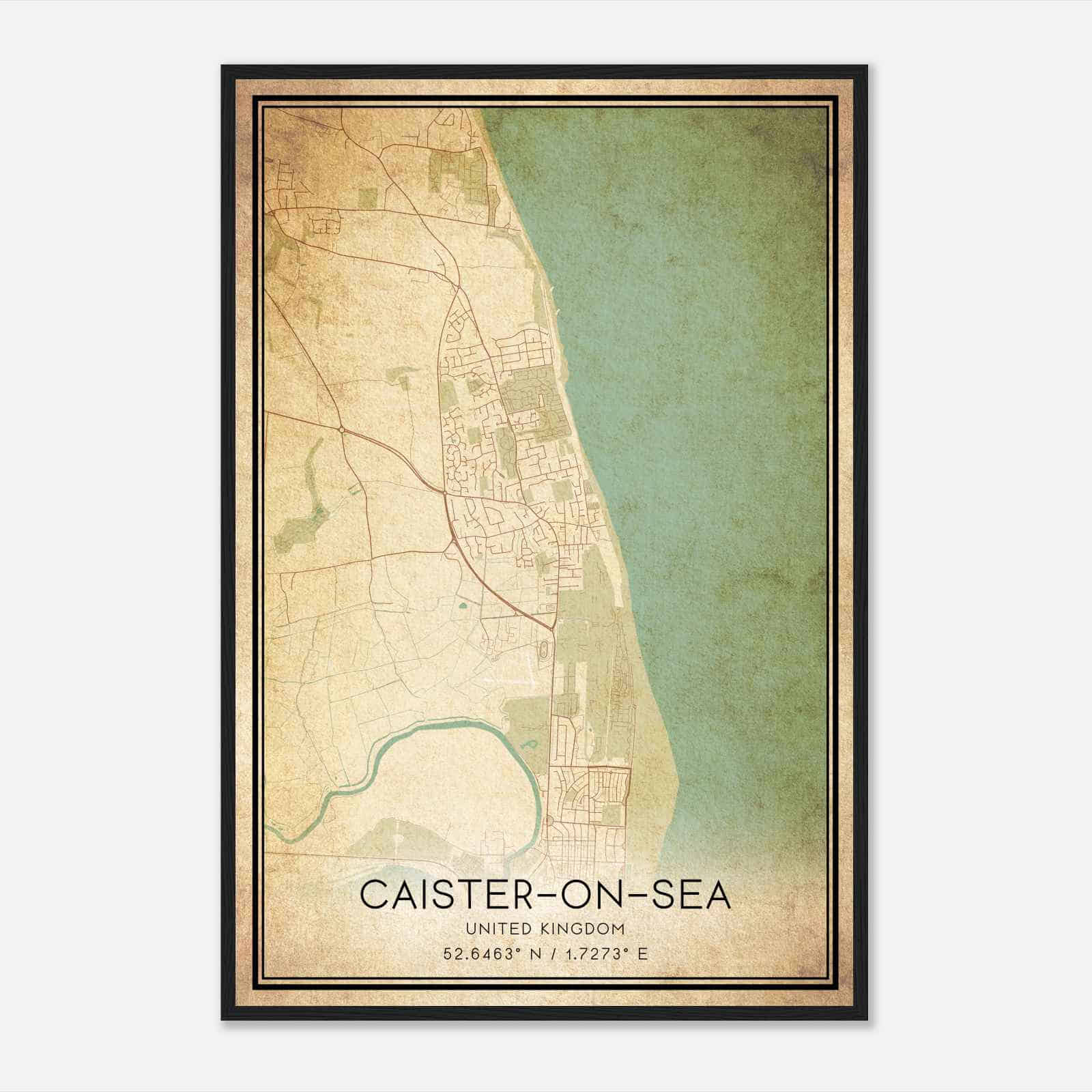 Vintage Caister-on-Sea United Kingdom Map Poster, Caister-on-Sea City Road Wall Art Print