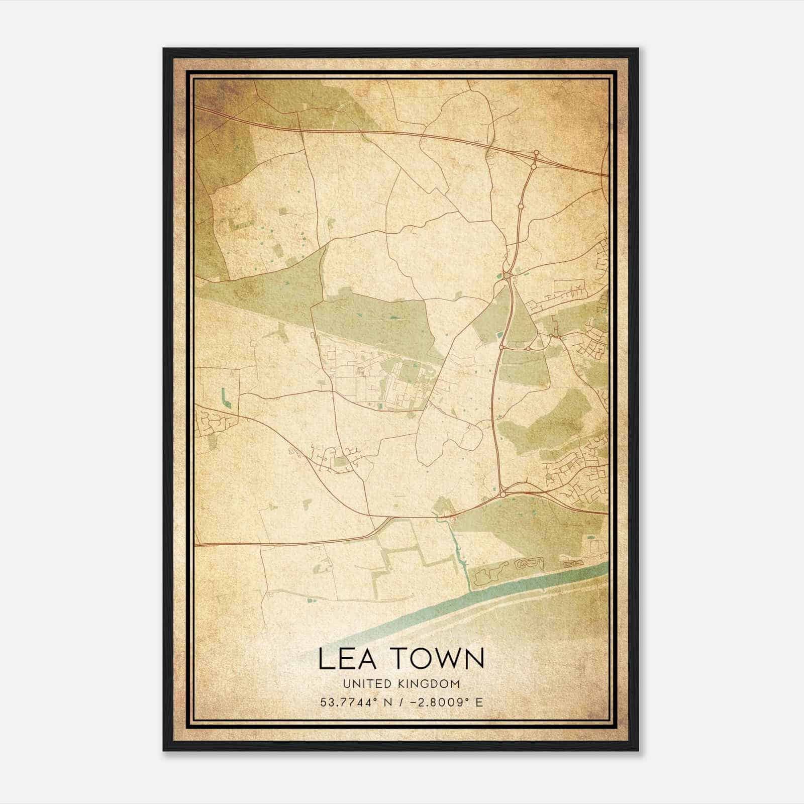 Vintage Lea Town United Kingdom Map Poster, Lea Town City Road Wall Art Print