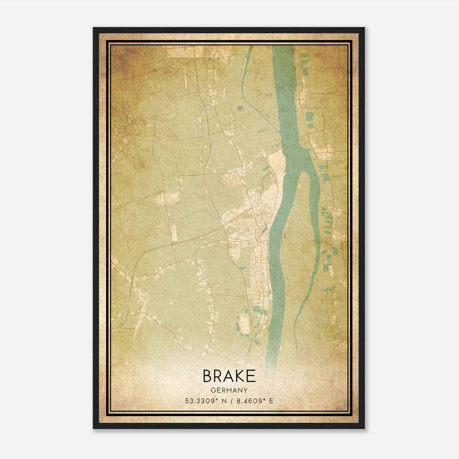 Vintage Brake Germany Map Poster, Brake City Road Wall Art Print