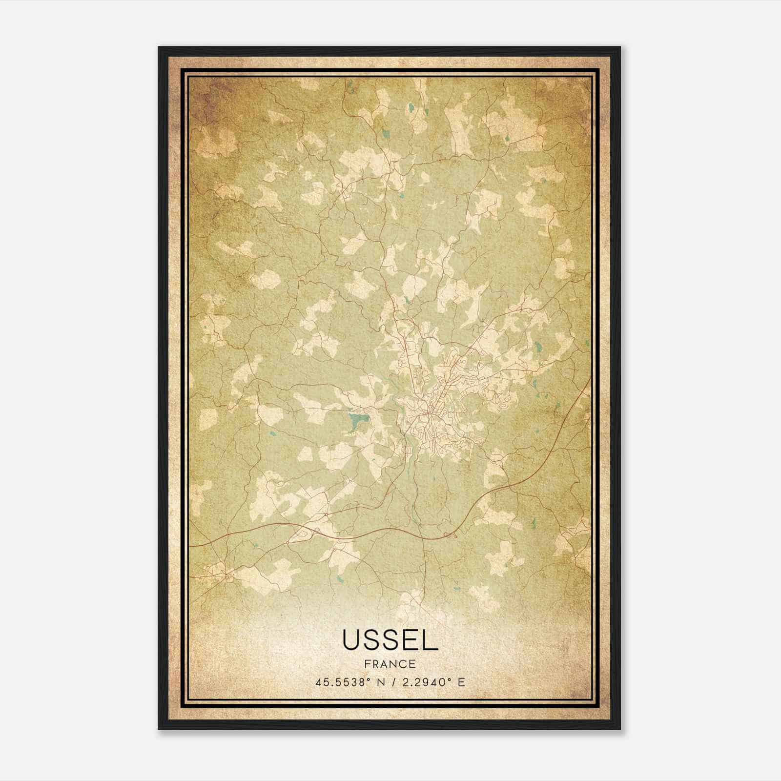 Vintage Ussel France Map Poster, Ussel City Road Wall Art Print