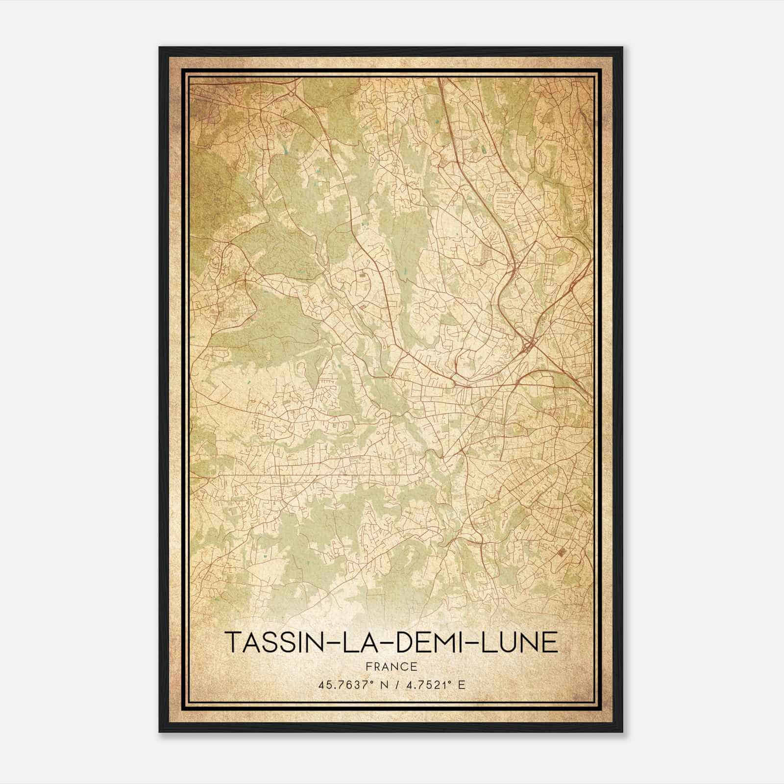 Vintage Tassin-la-Demi-Lune France Map Poster, Tassin-la-Demi-Lune City Road Wall Art Print