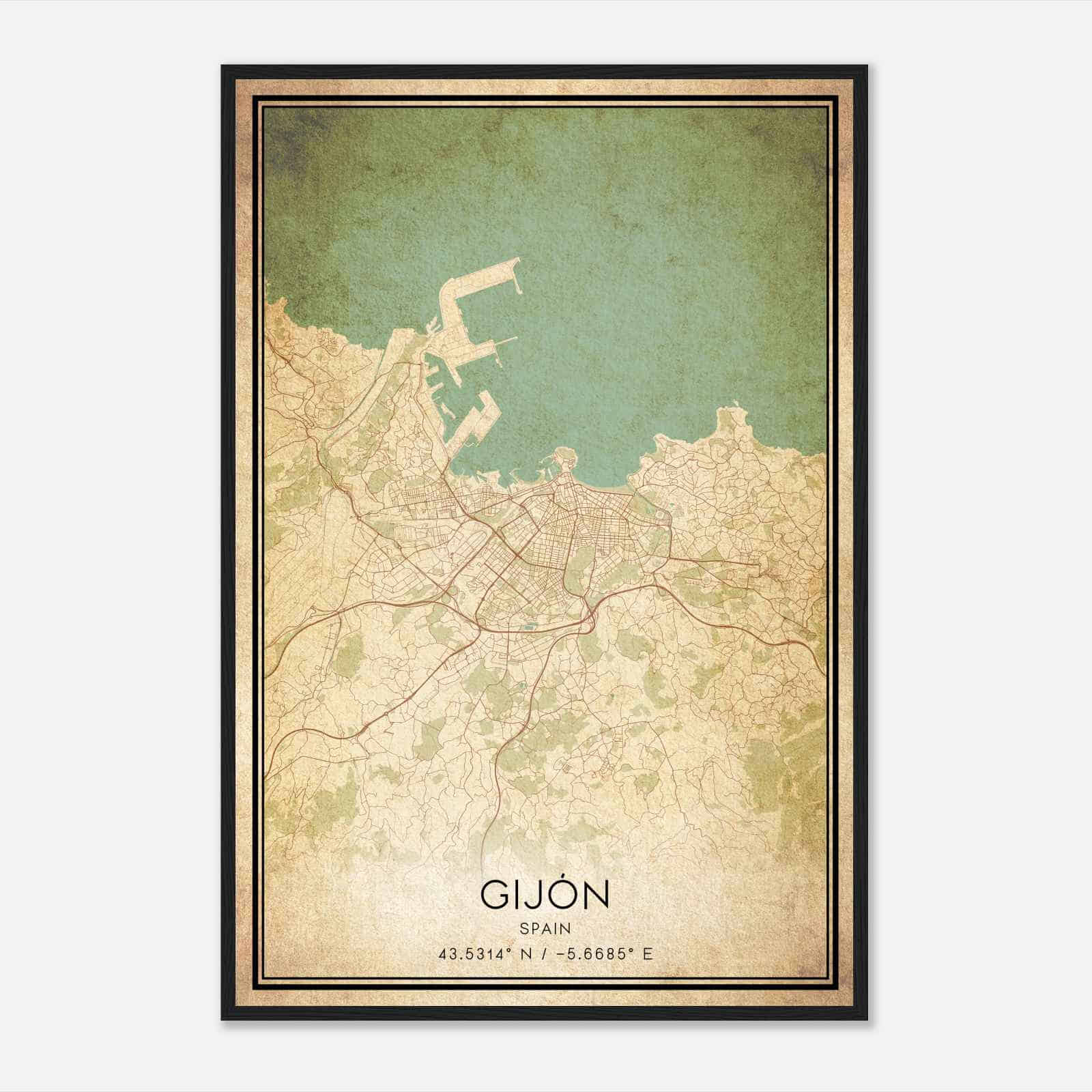 Vintage Gijon Spain Map Poster, Gijon City Road Wall Art Print