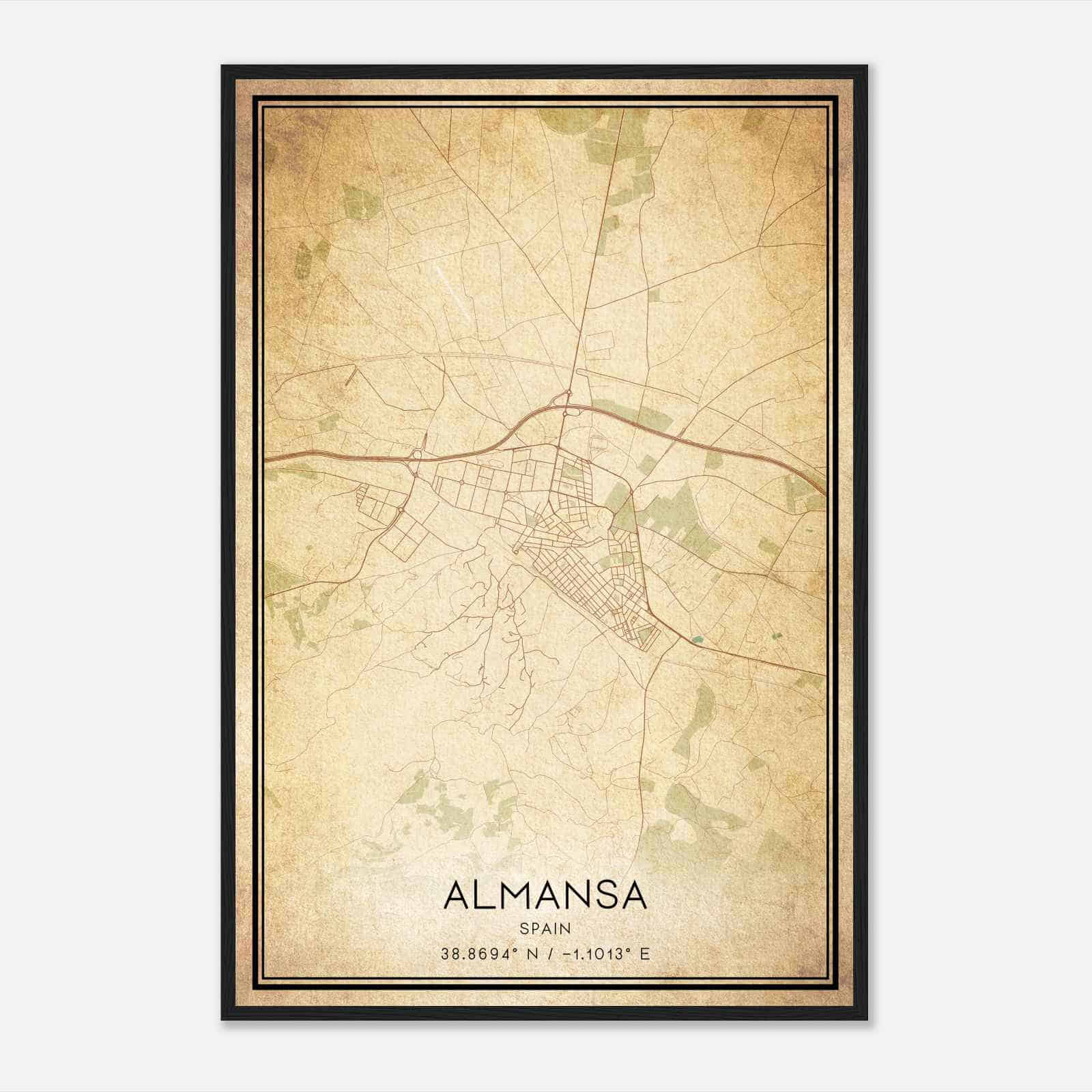 Vintage Almansa Spain Map Poster, Almansa City Road Wall Art Print Vintage Almansa Spain Map Poster, Almansa City Road Wall Art Print