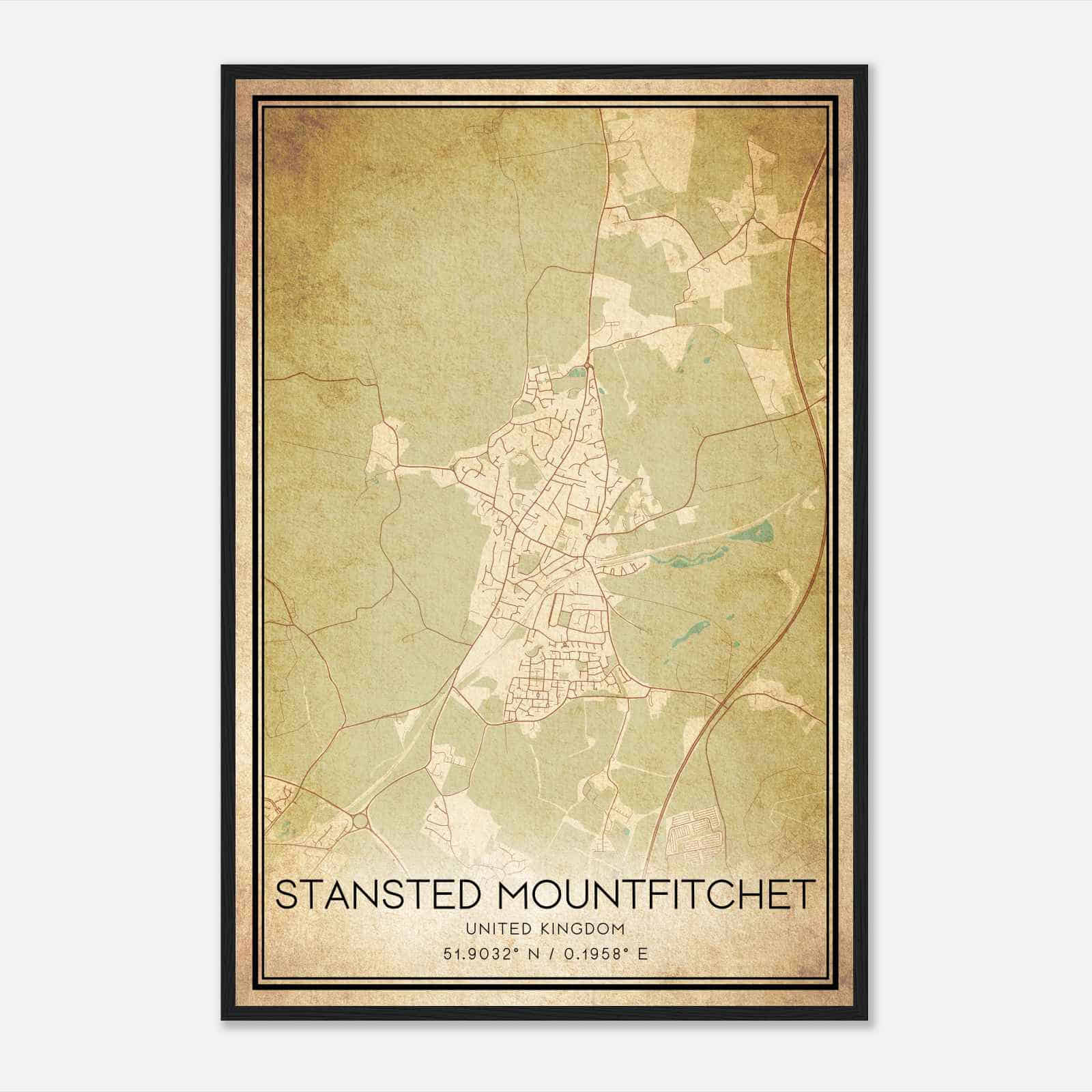 Vintage Stansted Mountfitchet United Kingdom Map Poster, Stansted Mountfitchet City Road Wall Art Print