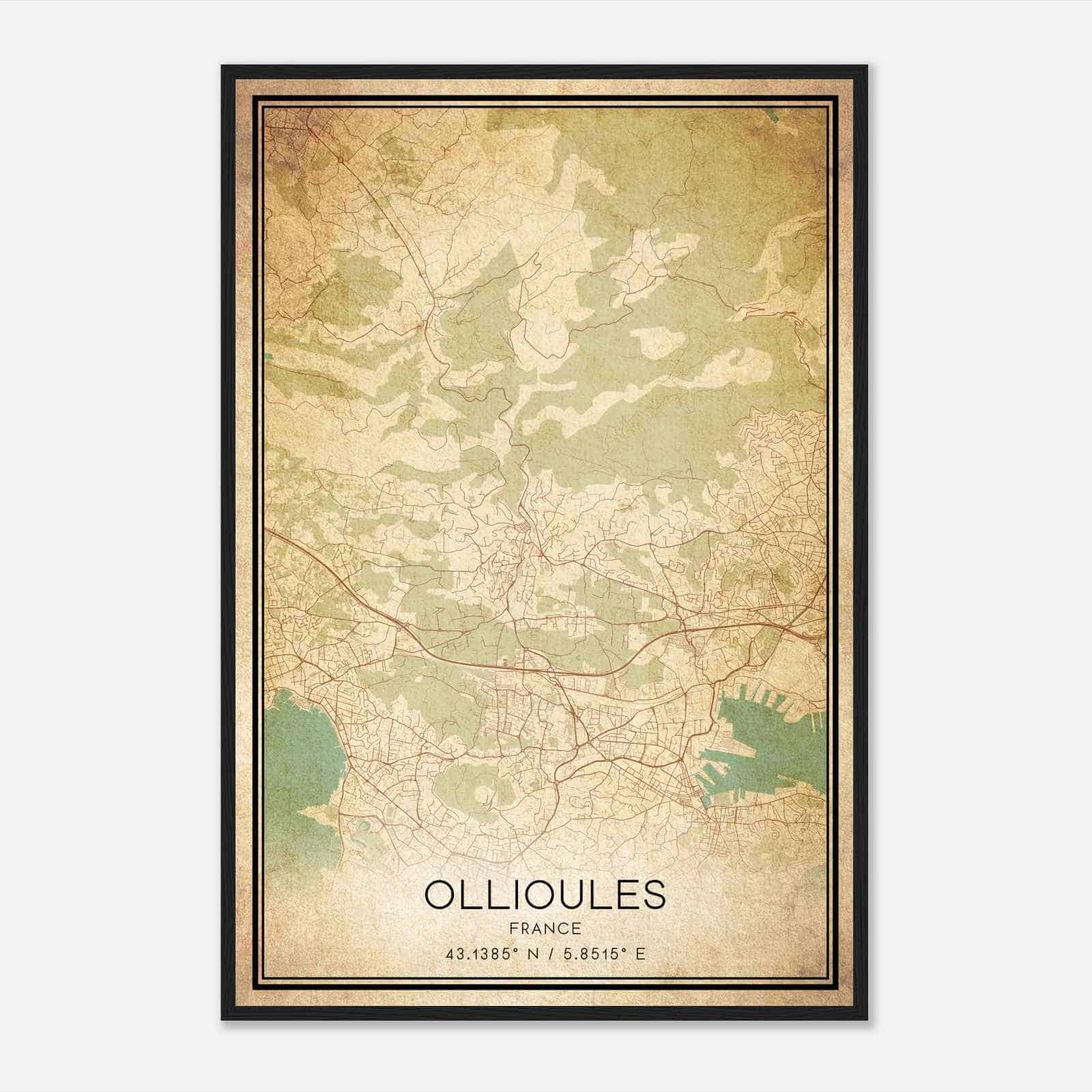 Vintage Ollioules France Map Poster, Ollioules City Road Wall Art Print