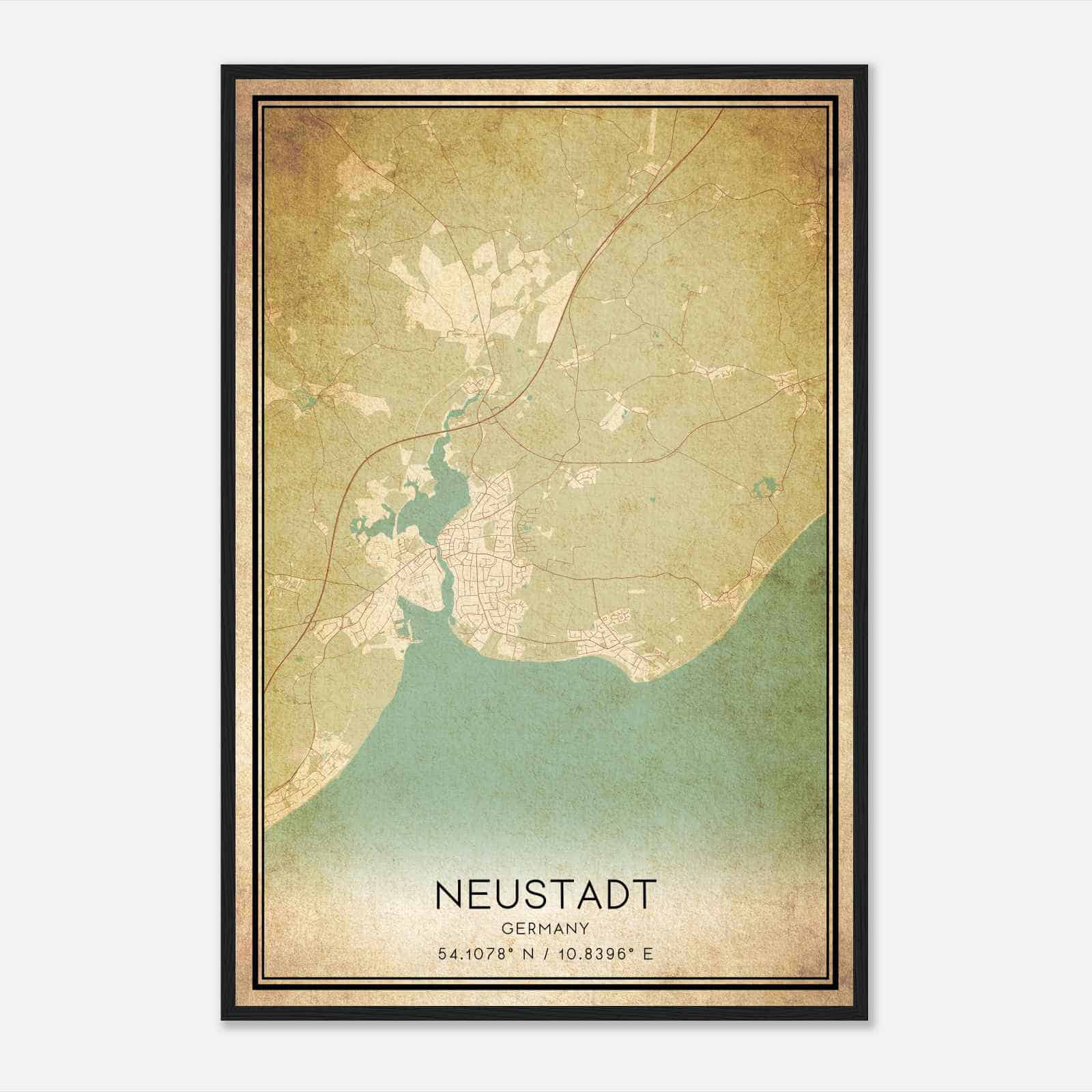 Vintage Neustadt in Holstein Germany Map Poster, Neustadt in Holstein City Road Wall Art Print