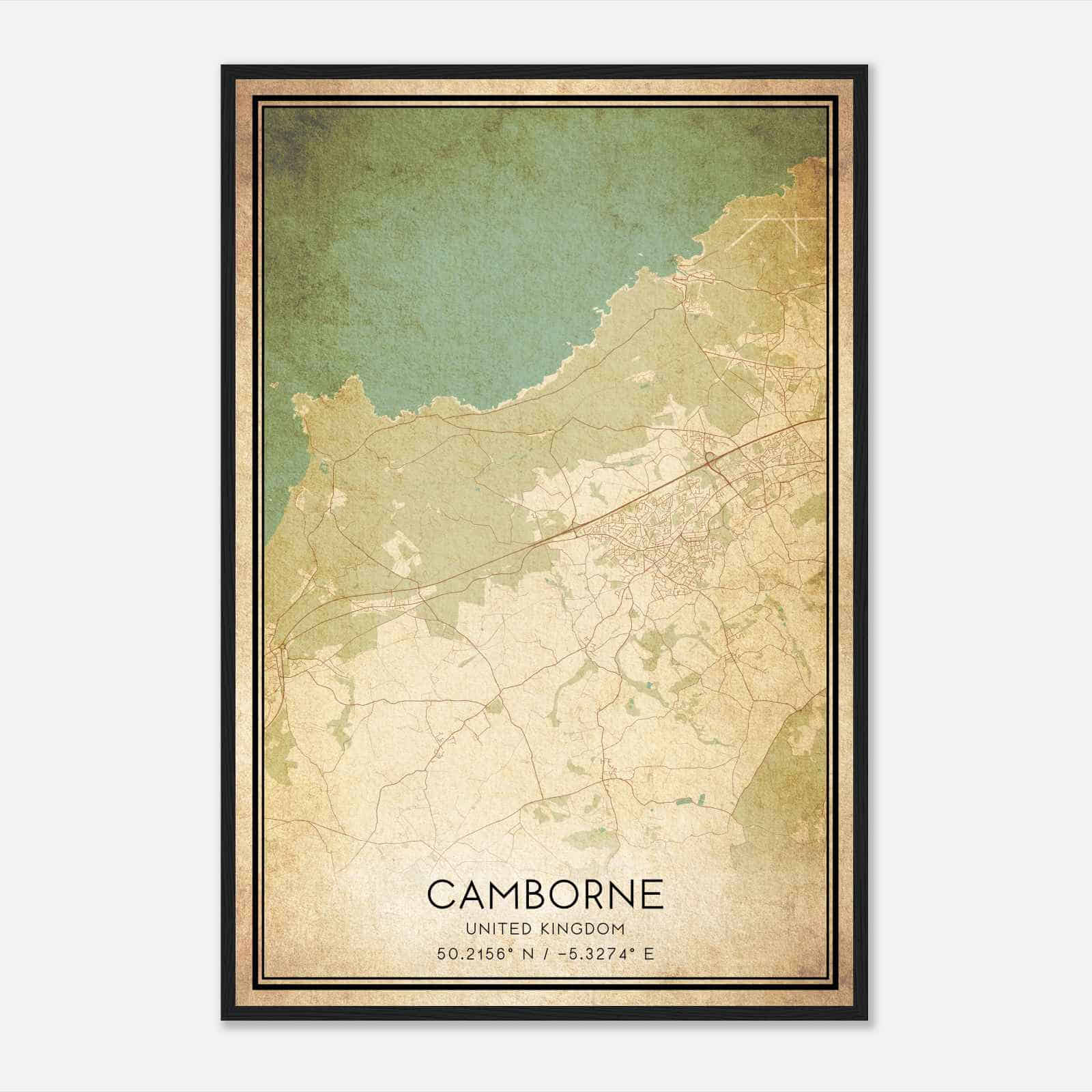 Vintage Camborne United Kingdom Map Poster, Camborne City Road Wall Art Print