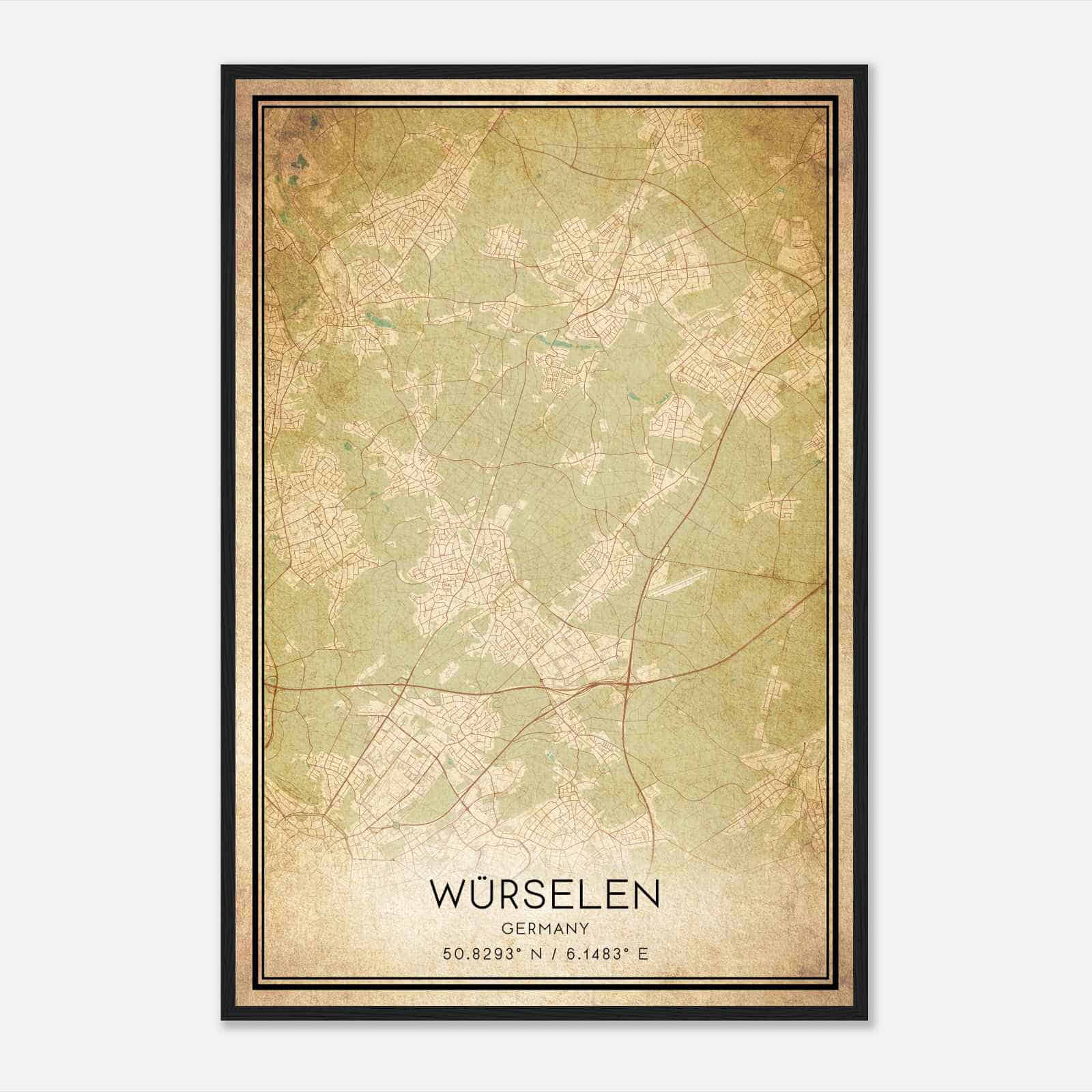 Vintage Wurselen Germany Map Poster, Wurselen City Road Wall Art Print