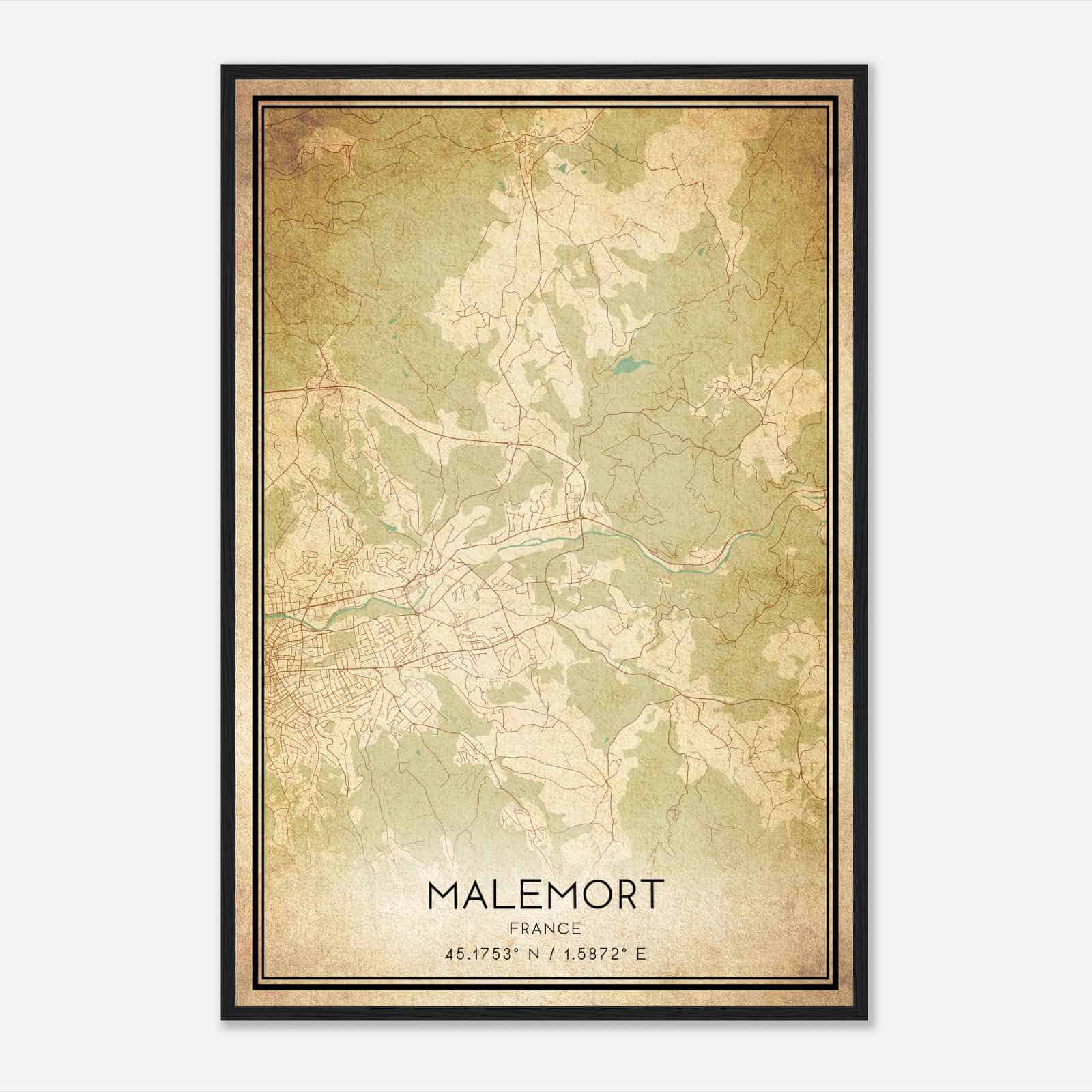 Vintage Malemort-sur-Correze France Map Poster, Malemort-sur-Correze City Road Wall Art Print